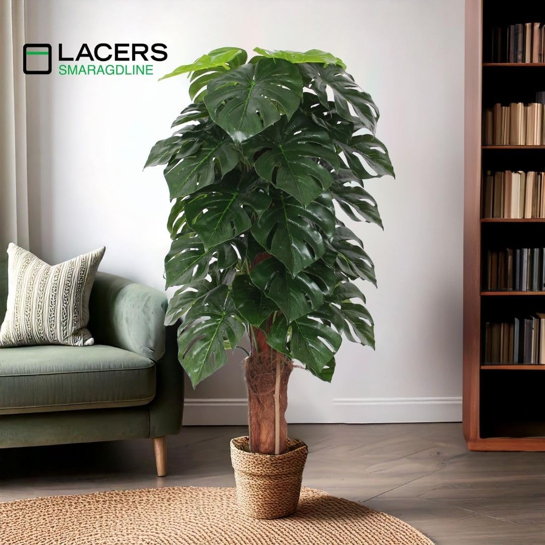 Lacers SMARAGDLINE pflegeleichte künstliche Monstera im Topf – Fensterblatt 120cm, realistische Optik, Dekoration für Wohnzimmer, Balkon und Büroräume-pflegeleicht, langanhaltend ohne spezielle Pflege