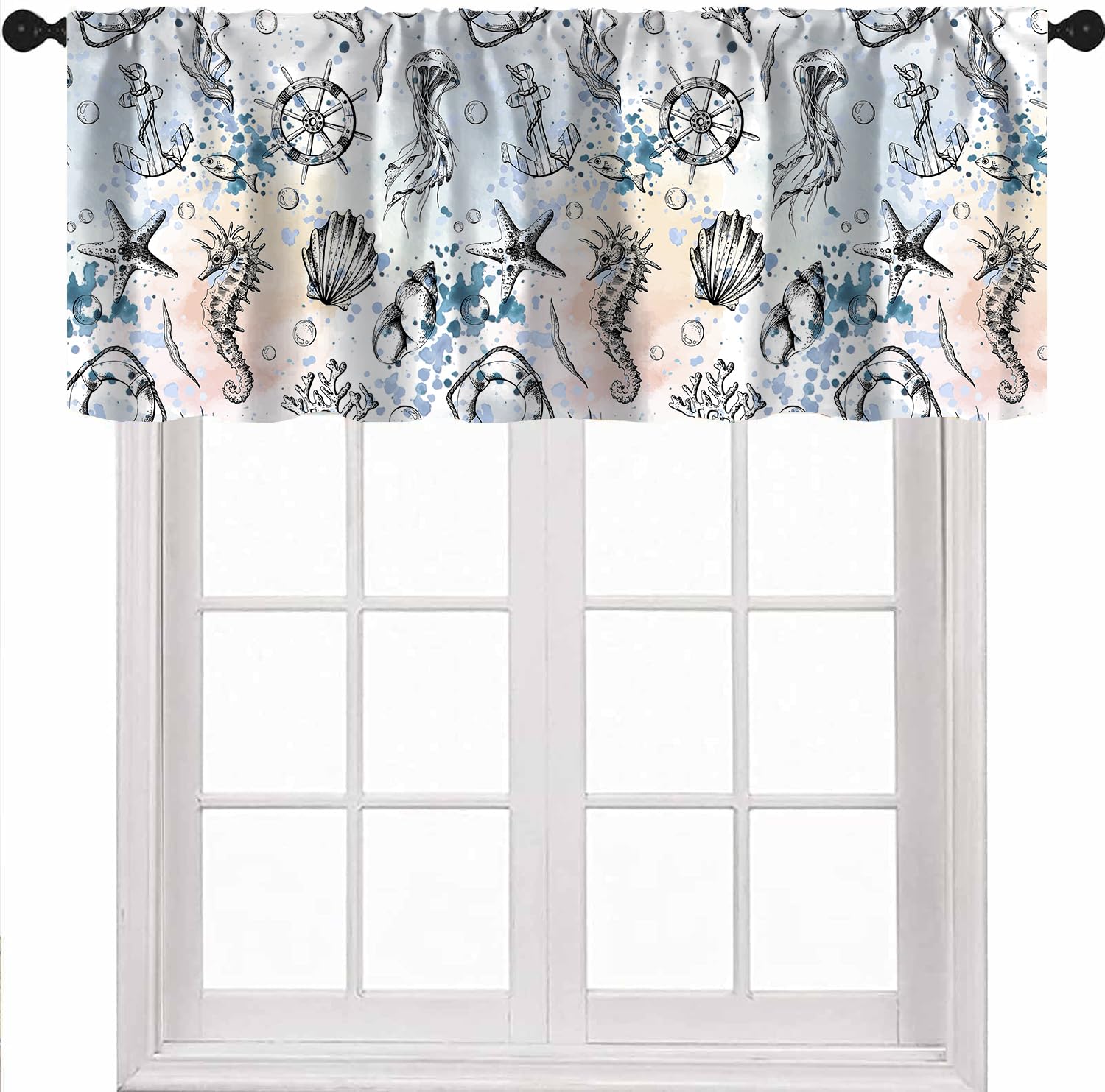 Dkmqqul Nautical-1 Coastal Beach Valance Curtains, Ocean Sea Shells Stars Seahorse Coral Nautical Curtain Valance For Kitchen Living Room Bedroom, 54X18 Inch