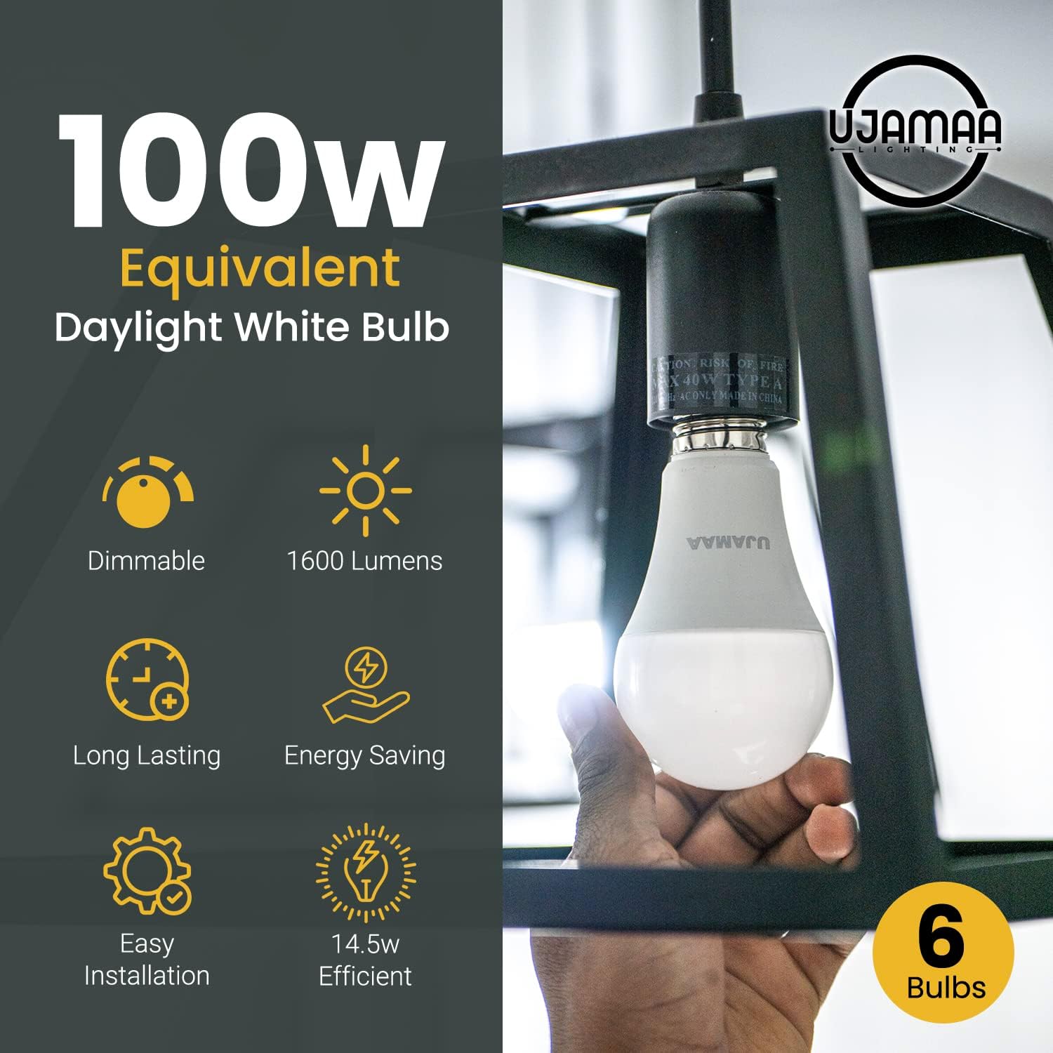Ujamaa Dimmable 100w Equivalent 14.5w, A19 E26 Standard Base, 5000K Daylight White, 1600 Lumens, 13.5 Year, 15000 Hour Lifetime, Pack of 6 Bulbs
