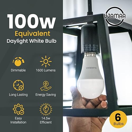 Miniatura 5 de Ujamaa regulable 100 W equivalente a 14.5 W, base estándar A19 E26, 5000 K luz blanca diurna, 1600 lúmenes, 13.5 años, vida útil de 15000 horas,