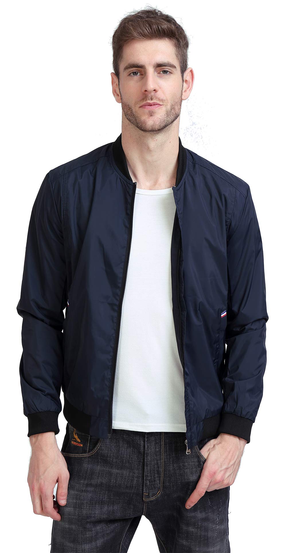 YIDI Men's Casual Classic Slim Bike Motorcycle Coat Outwear Long Sleeve waterproof Bomber Jacket (US X-Small, Dark Blue)