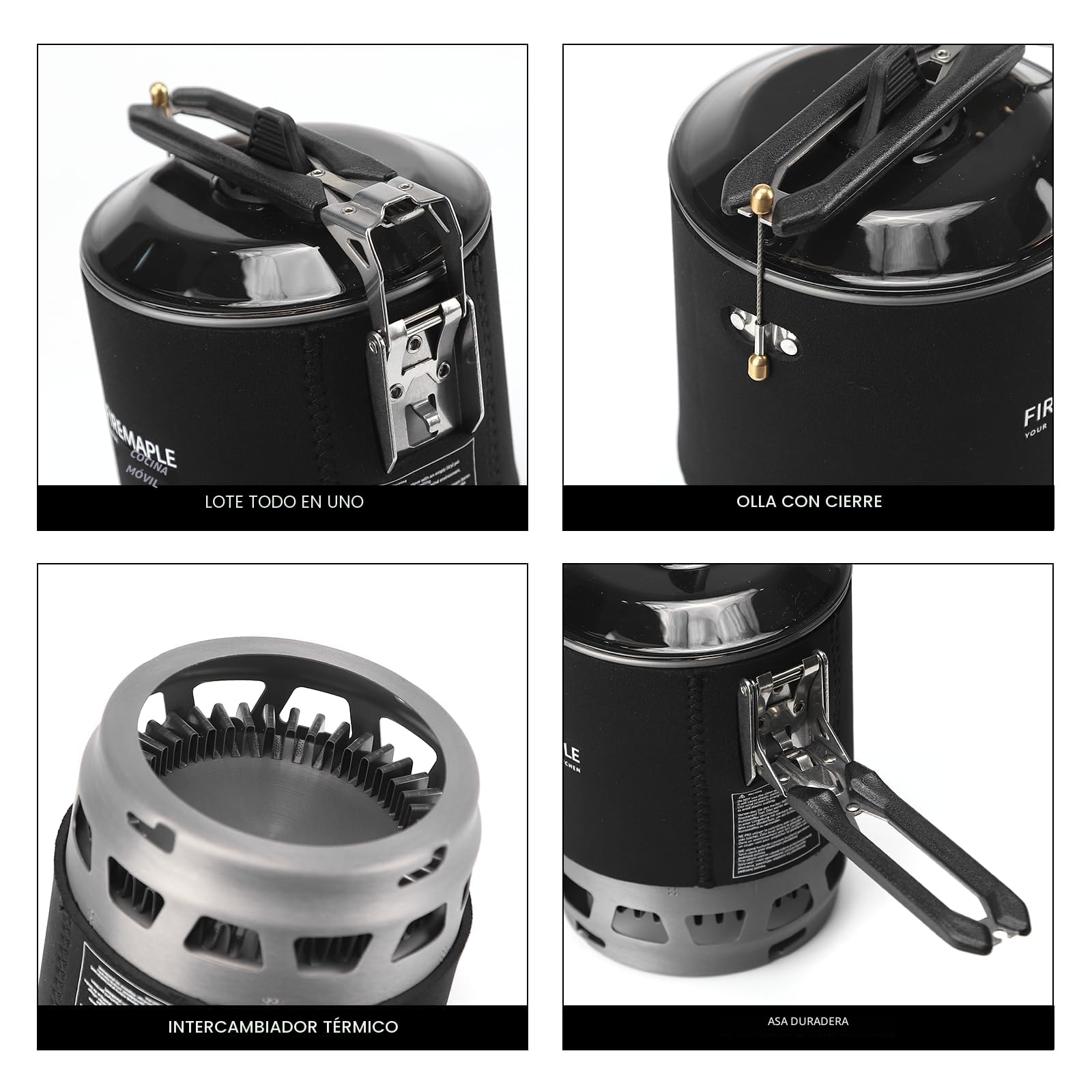 Fire-Maple FMS-X3 - Estufa de Camping Portátil de 0,8 Litros con Soporte de Encendido Eléctrico y Estabilizador de Lata de Combustible, Sistema de Olla para Senderismo al Aire Libre (Negro)