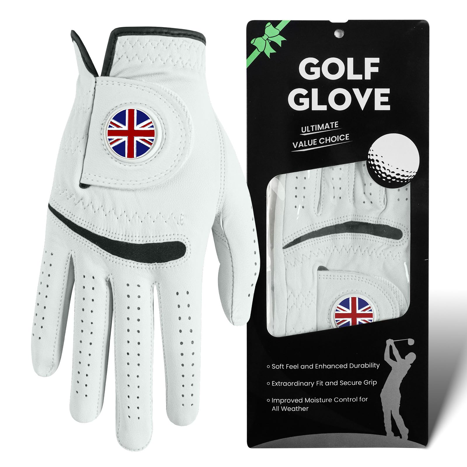 XJBTBA Guantes de Golf para Hombre Mano Izquierda Derecha Cabretta Cuero Weathersof con Marcador 1 Pieza, Guante de Golf para Hombre Suave Transpirable Resistencia al Desgaste
