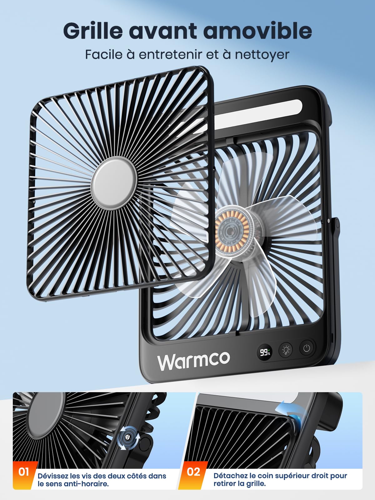 Warmco D4 Ventilateur Camping Rechargeable 20000mAh, Jusqu’à 48 h | Ultra-Mince, Lumière LED, Crochets, Ventilateur Rechargeable Pour Camping, Croisière, Extérieur, Chambre