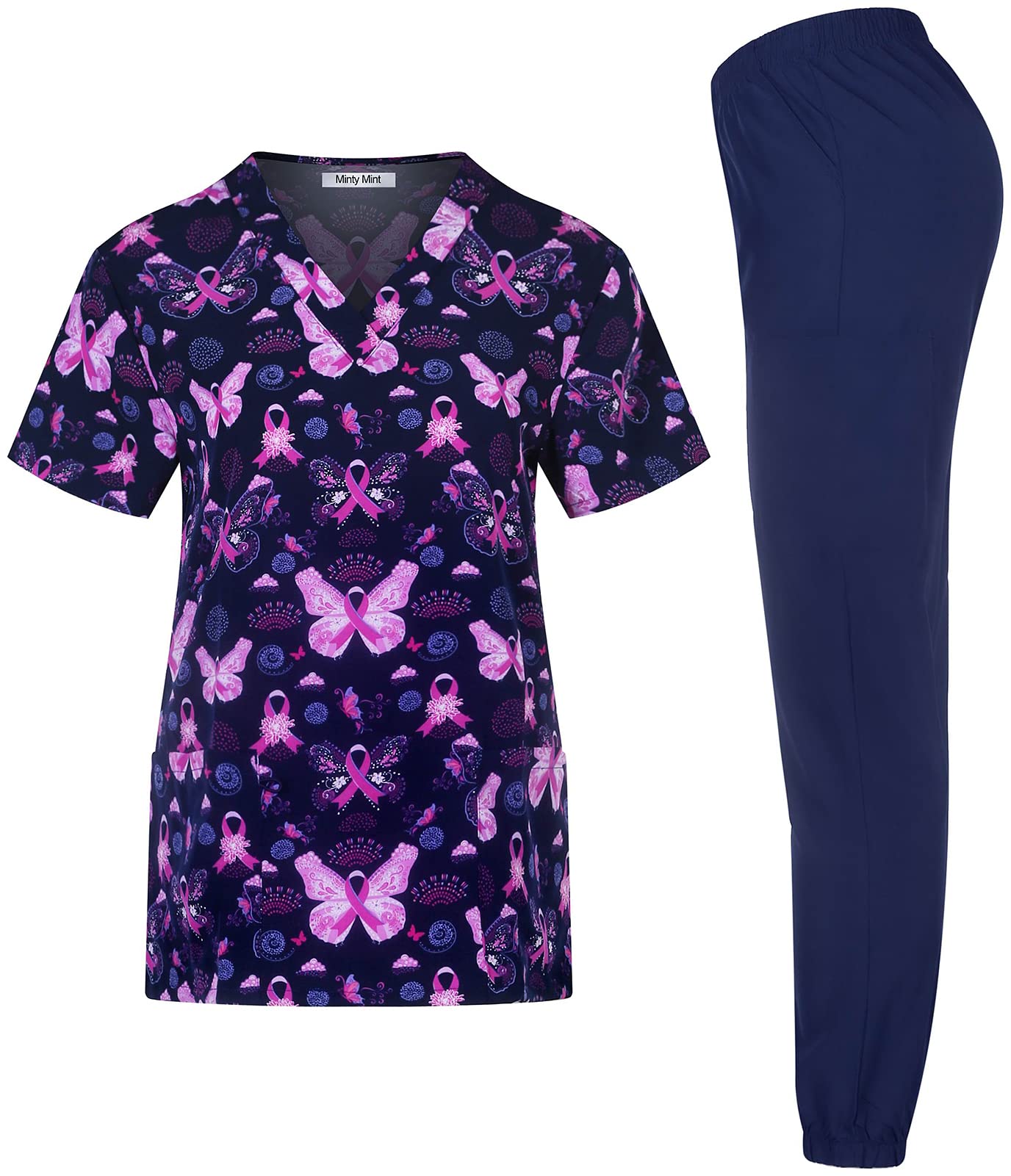 Minty Mint Women's Solid Stretch Medical Uniform Scrub Set V Neck Top Cargo Tapered Jogger Pants