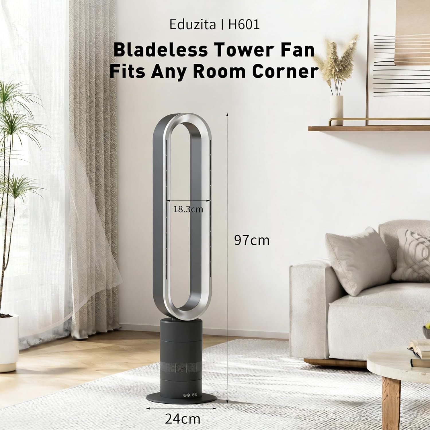 Ventilador de Torre sin Aspas con Mando, 10 Velocidades Ultra Silencioso, Oscilación 80°, Temporizador 9h, Seguro para Niños y Mascotas, Ideal Dormitorio Salón Oficina