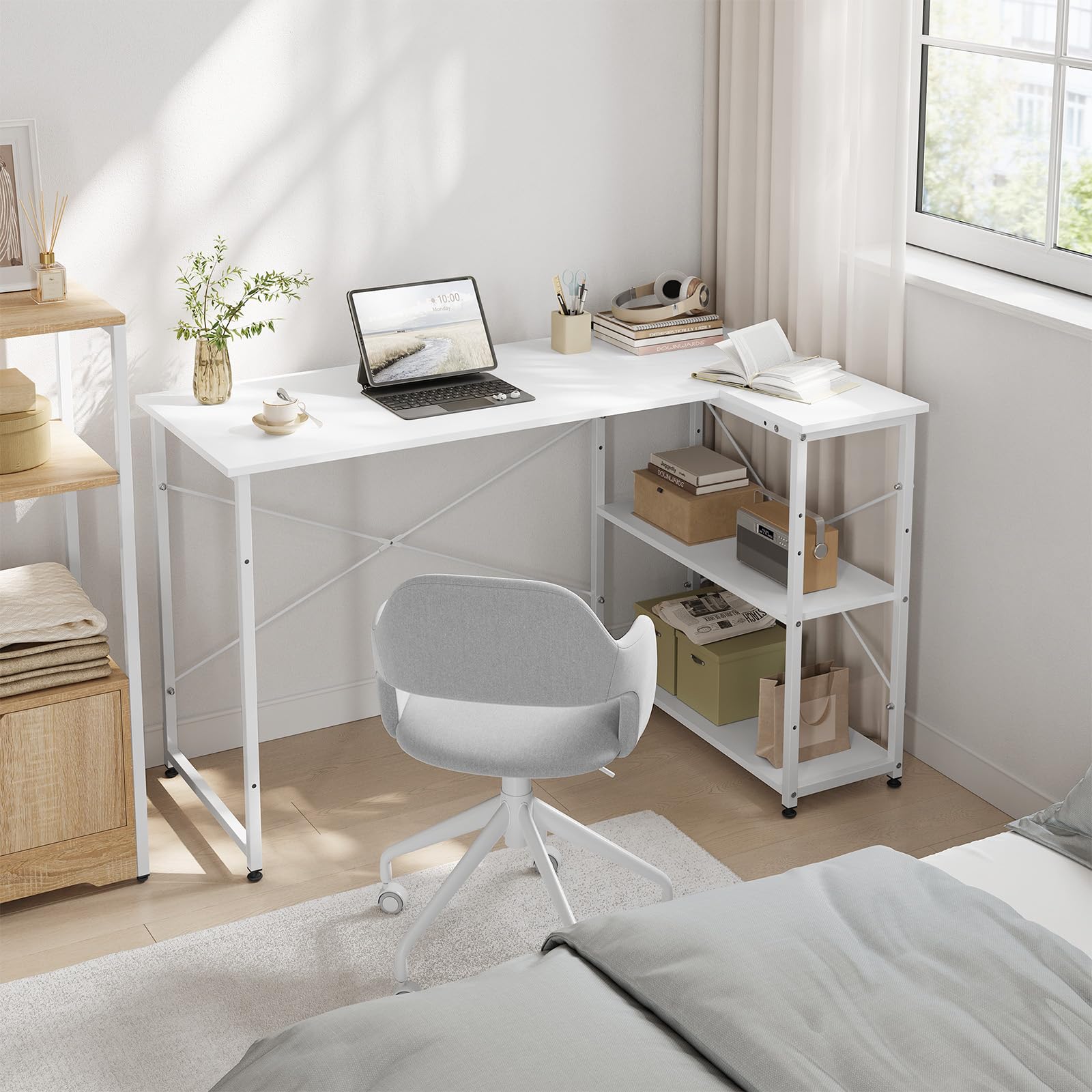 WOLTU Escritorio de Almacenamiento, Mesa Multifuncional | Con Estantería, Blanco Brillante, para Ordenador en Estudio, Dormitorio, 120x73x72 cm
