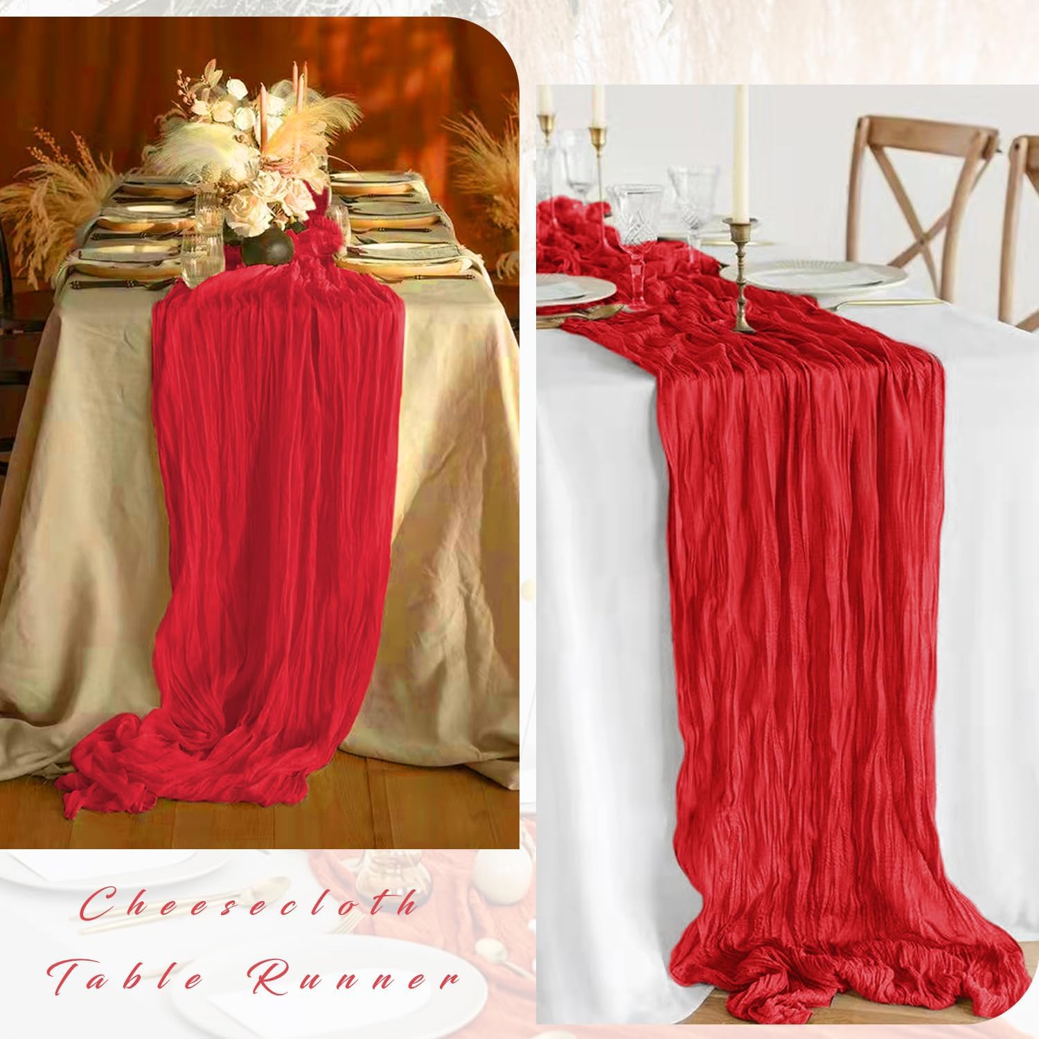 Camino de mesa rojo de gasa de gasa de 35 x 120 pulgadas de largo, camino de mesa bohemio de 3 pies, camino de mesa rústico transparente para boda, baby shower, cumpleaños, vacaciones, fiesta,