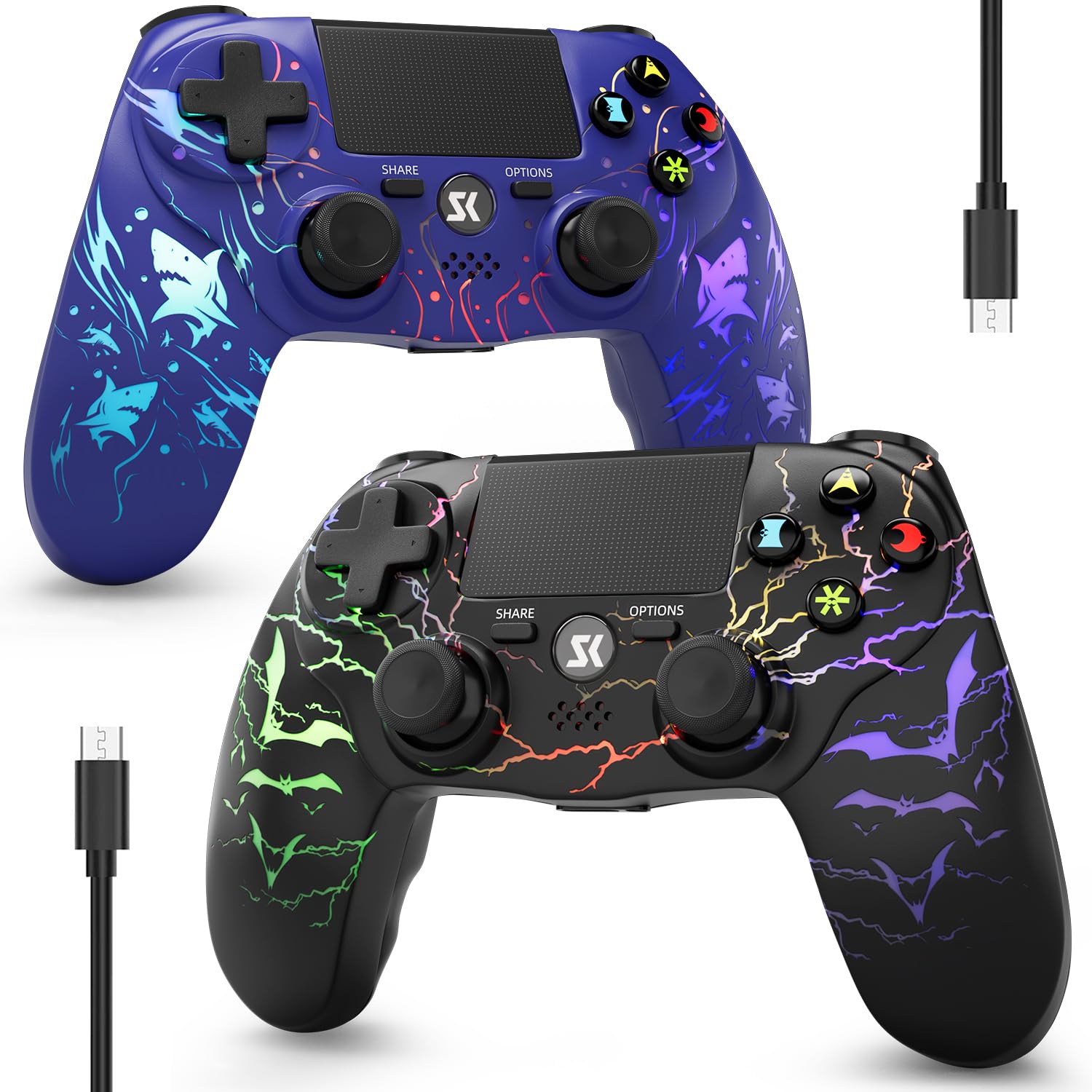 CHENGDAO 2er-Pack Kabelloser Controller für PS4, Multi-Plattform Controller kompatibel mit PS4/Pro/Slim/PC/iOS/Android/MacOS 3,5-mm-Audio-Buchse/empfindlichem Touchpad (Lila & Schwarz)