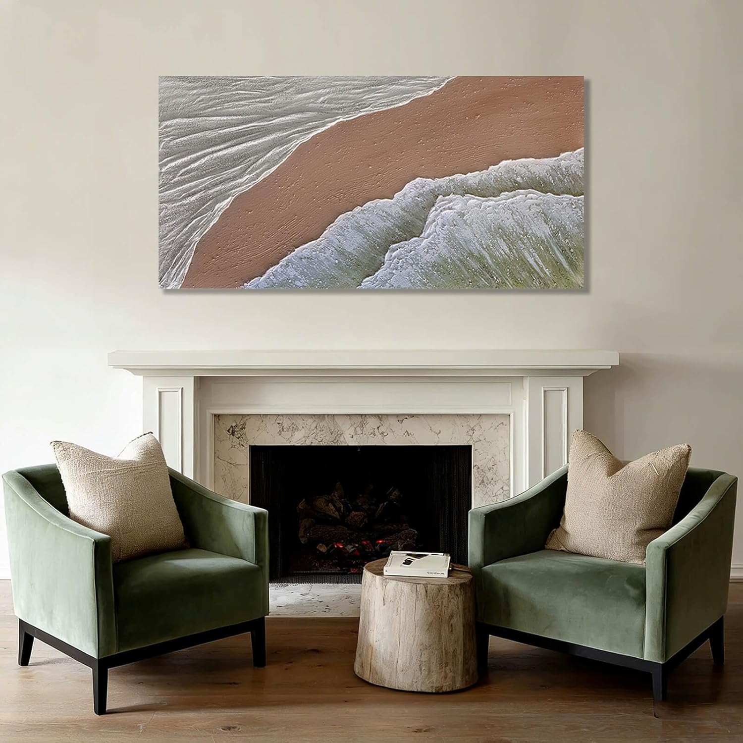 White Ocean Wave Wall Art Decor Neutral Art Beach Canvas Painting Green Pictures Wall Decor Framed Artwork for Living Room Home Office 24"x 48"