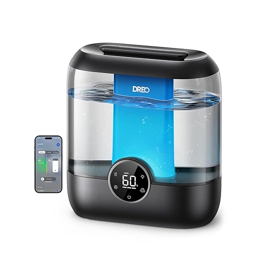 DREO Smart Humidifiers for Bedroom, 6L Top Fill Supersized Cool Mist Humidifier for Large Room, 60 Hour Runtime, Quiet Ultrasonic Humidifier for Plants, Indoor, Home, Night Light, Black
