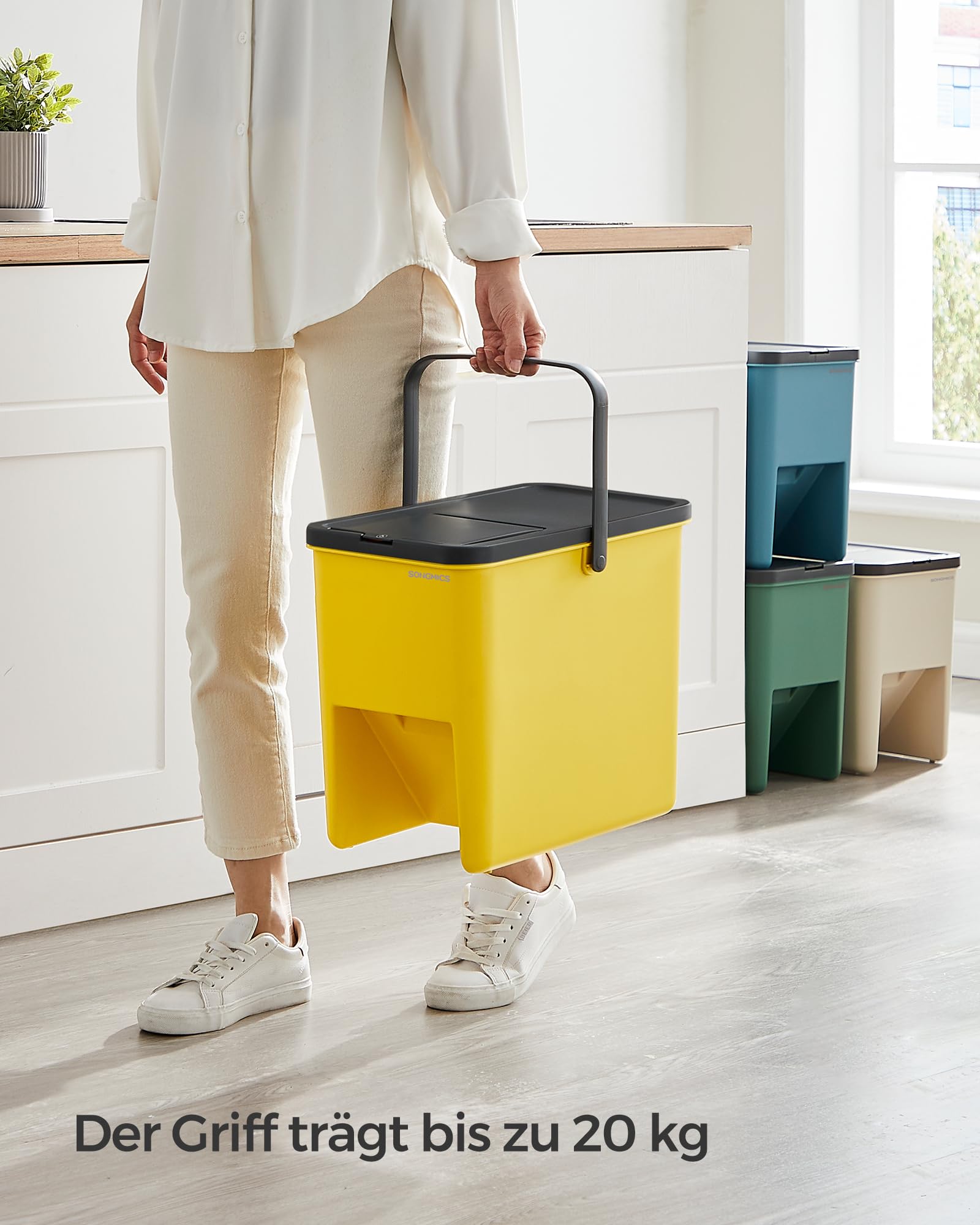 SONGMICS Mülleimer Küche, 4er Set Abfalleimer, Mülleimer stapelbar, je 20 L, Mülltrennsystem, Klappdeckel, mit Aufklebern, Aufbewahrungsbox, gelb, blau, beige und grün LTB760Q01