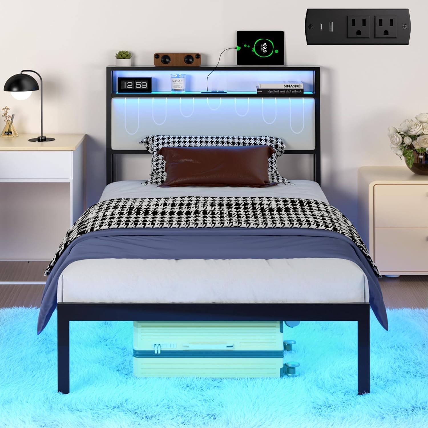 Twin Bed Frames with LED Lights & Charging Station, Metal Platform Frame with Upholstered Headboard, No Box Spring Needed, Noise Free, Easy Assembly Twin Fashion Twin