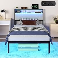 Vista 10 de Base de cama matrimonial con estación de carga y luces LED, plataforma de cama de tamaño matrimonial con listones de metal, cabecera tapizada