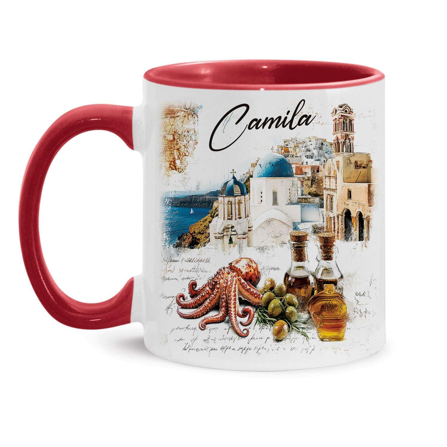Vintage Santorini Greece Coffee Mug 11oz 15oz, Custom Unique Name Cup, Personalized Culture Themed Accent Mug, Travel Enthusiasts Cup, Gifts for