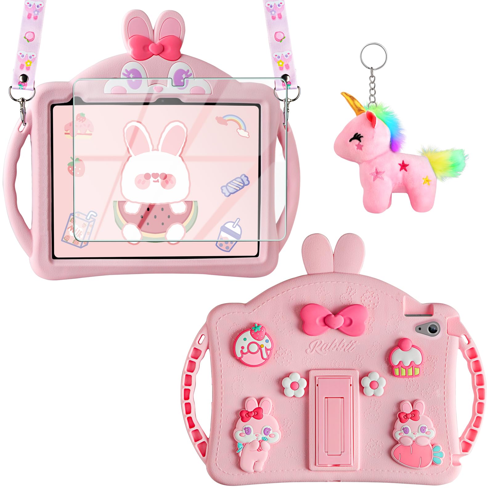 Photo 1 of WESADN for iPad 10th Generation Case 10.9 Inch 2022 Kids Girls for iPad A16 Case 11th Gen 11 Inch 2025 with Screen Protector Shoulder Strap Kickstand Keychain Cute Rabbit Silicone Tablet Cover,Pink