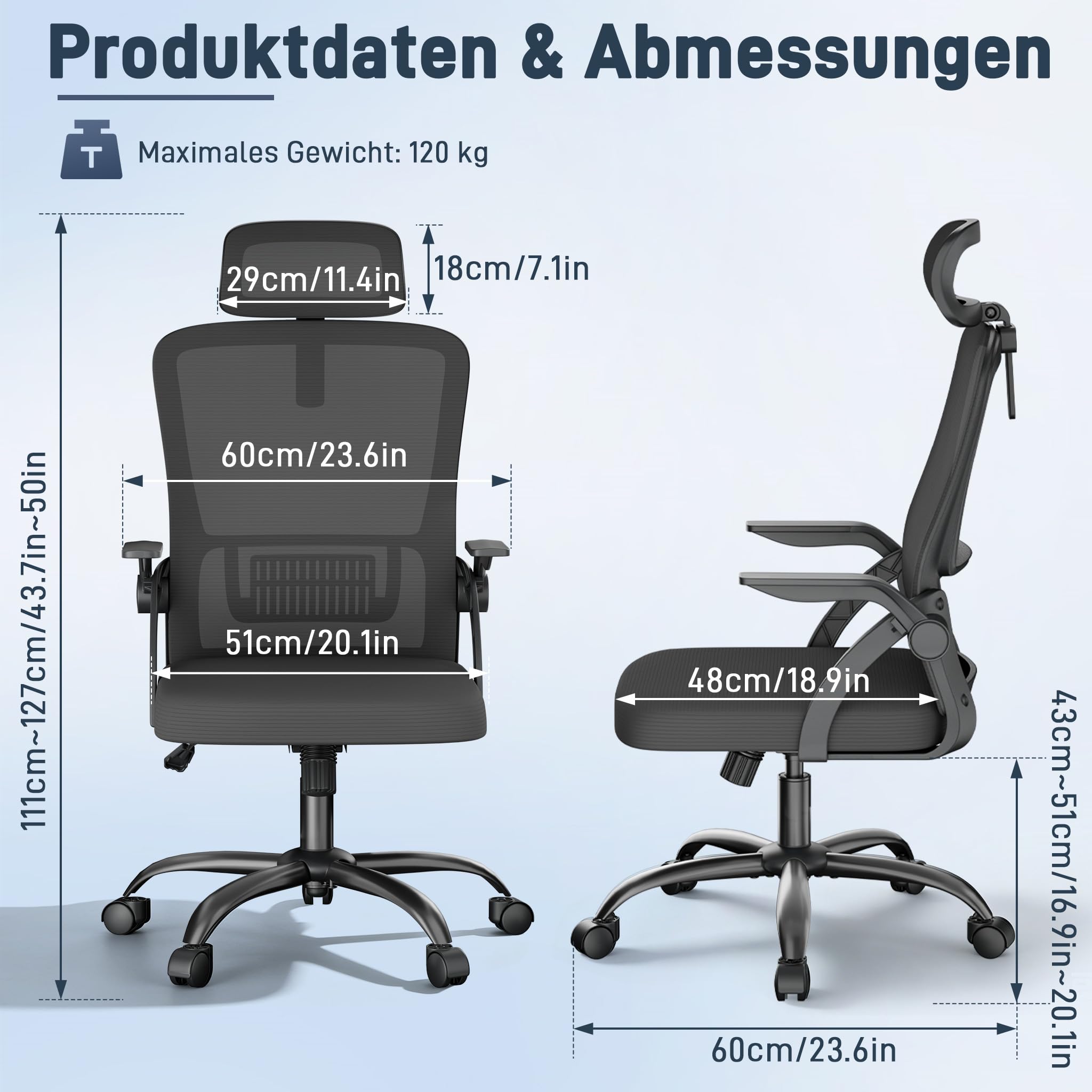 XMTECH Bürostuhl Mesh-Netzrücken klappbare Armlehnen 120kg Homeoffice | Atmungsaktives Mesh, 8 cm Polster, Sitzhöhe 43–51 cm, 105° Wippfunktion, ideal als Schreibtischstuhl, Drehstuhl, Schwarz