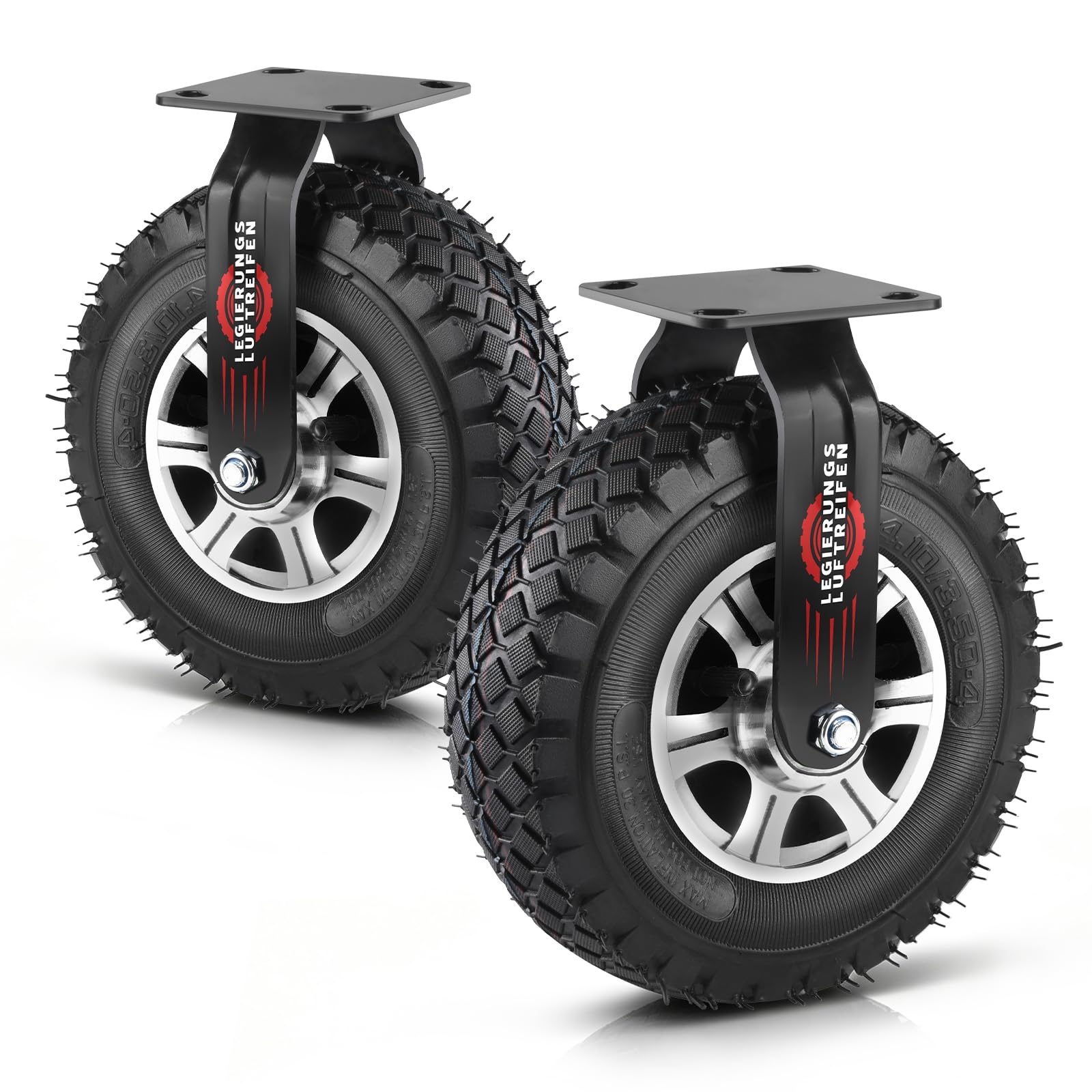 Schwenkbare Bockrolle Ø 250 x 90 mm, 2er Set | Luftbereiftes Schwerlastrad, Ruhiger Luftreifen, Aluminium-Leichtmetallrad, für Wagen, Karren, Tragfähigkeit pro Rad: 170 kg