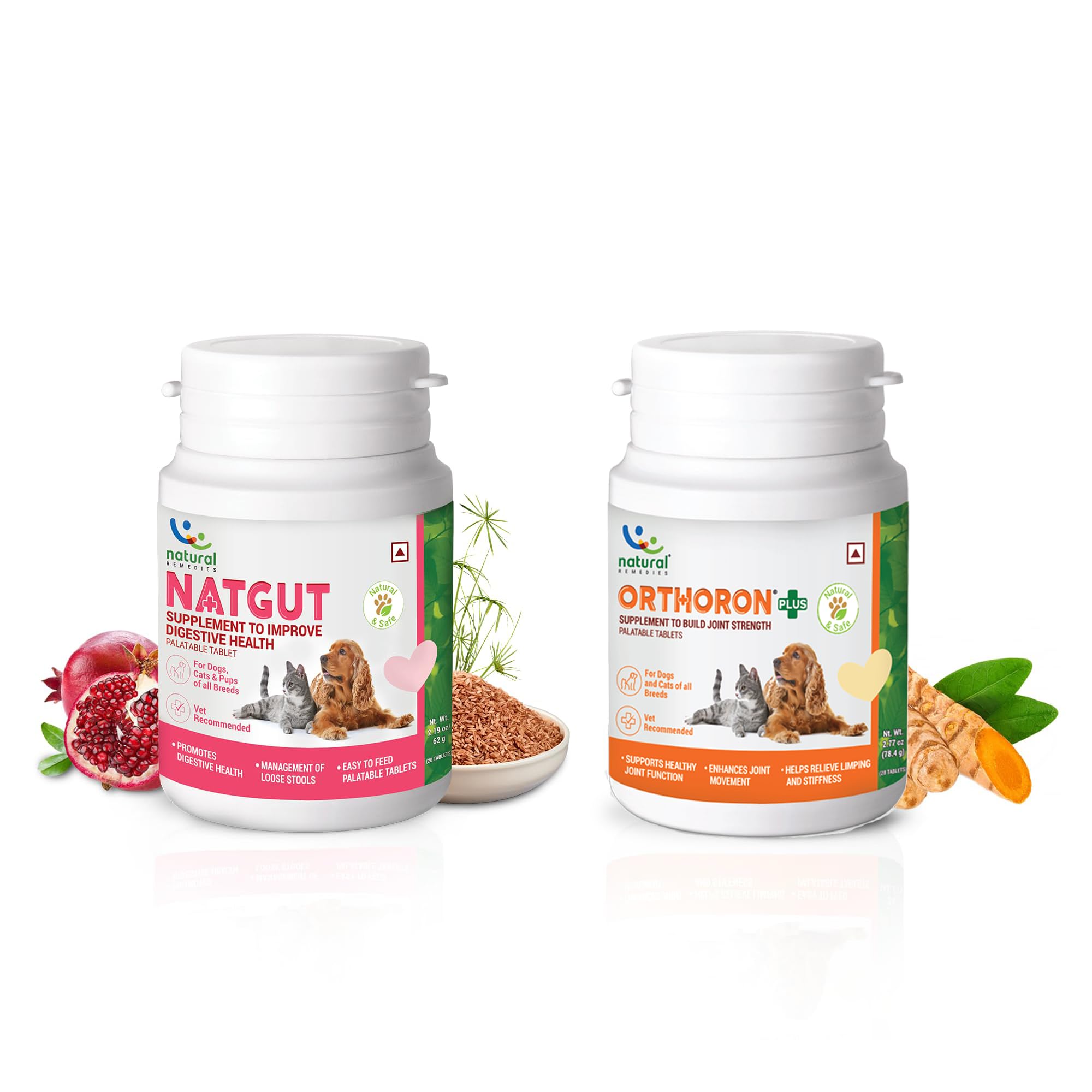 Natural Remedies Combo of Natgut Digestive Health Supplement (20 Tablets) & Orthoron+ Joint Strength Supplement (28 Tablets) with Real Chicken Liver for Dogs, Cats & Puppies of All Breeds (Pack of 2)
