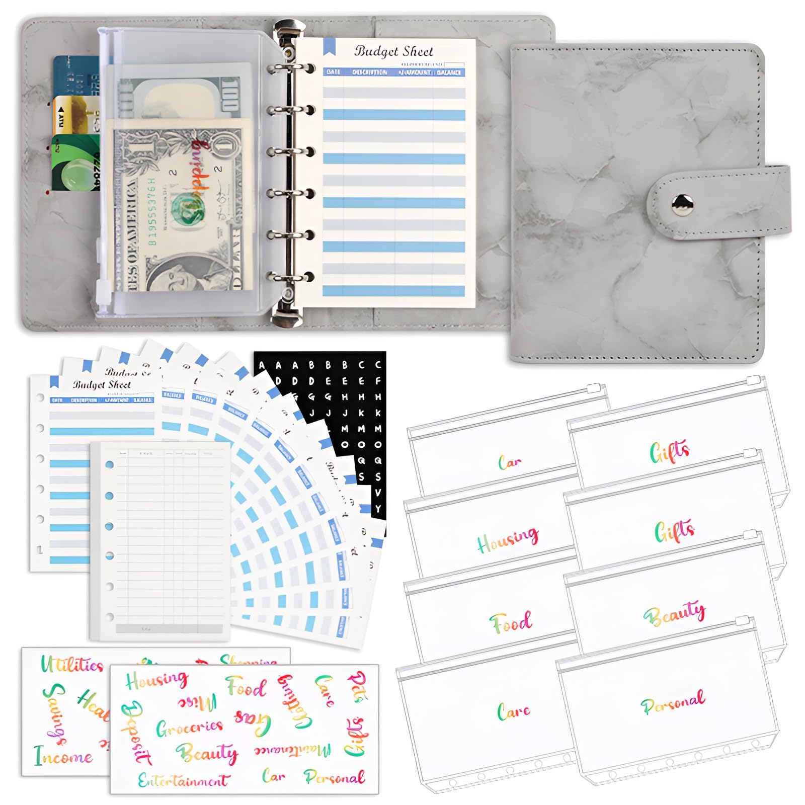Photo 1 of A7 Marbled Binder Wallet - Cash Wallet Envelope System, Mini Money Saving Organizer for Cash, Budget Binders with Pockets, Sheets and Stickers, Grey A7 Gray - Marbled
