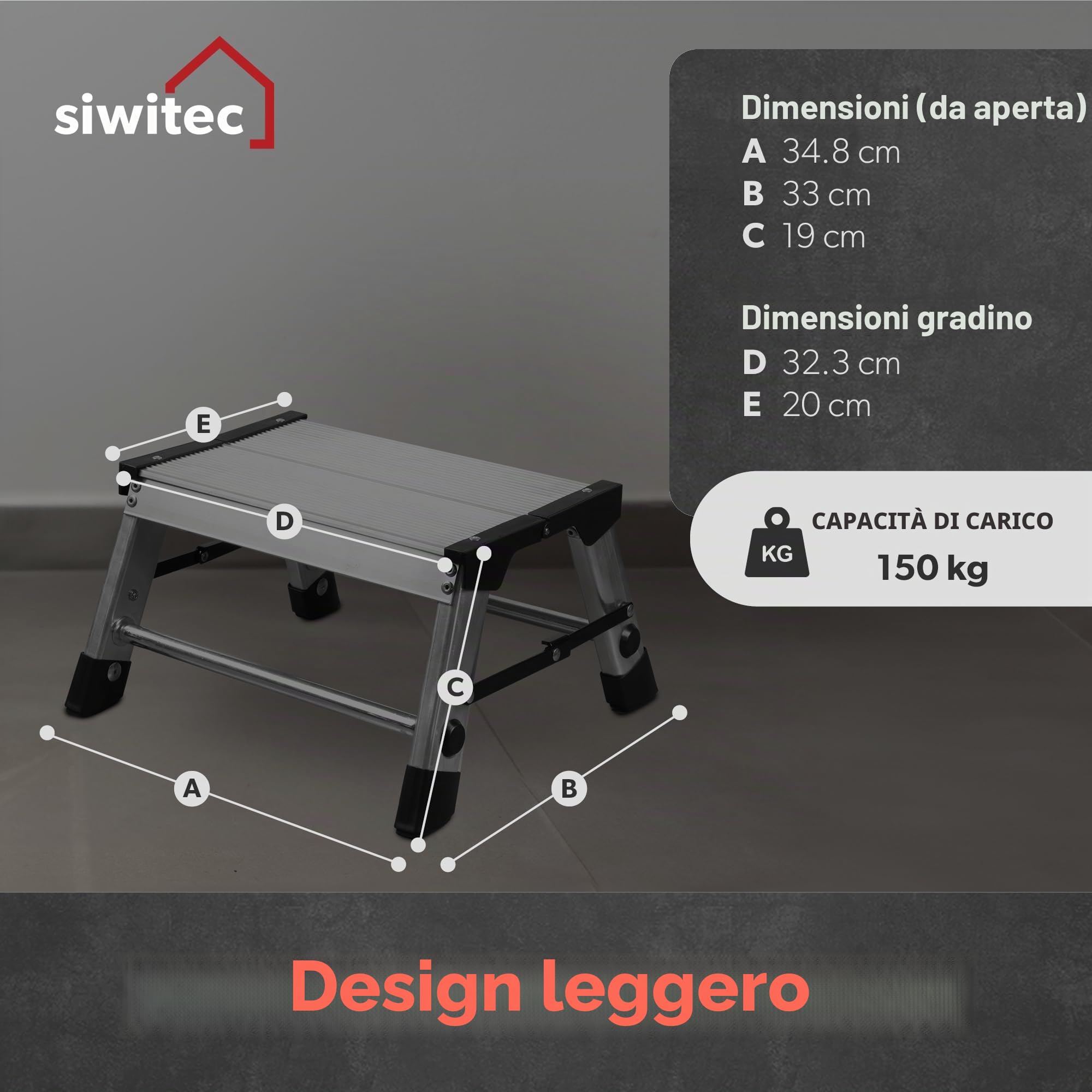Siwitec scala a pioli, 1 gradino, in alluminio, leggera, portata fino a 150 kg, pieghevole, per campeggio, cucina, bagno, certificata TÜV