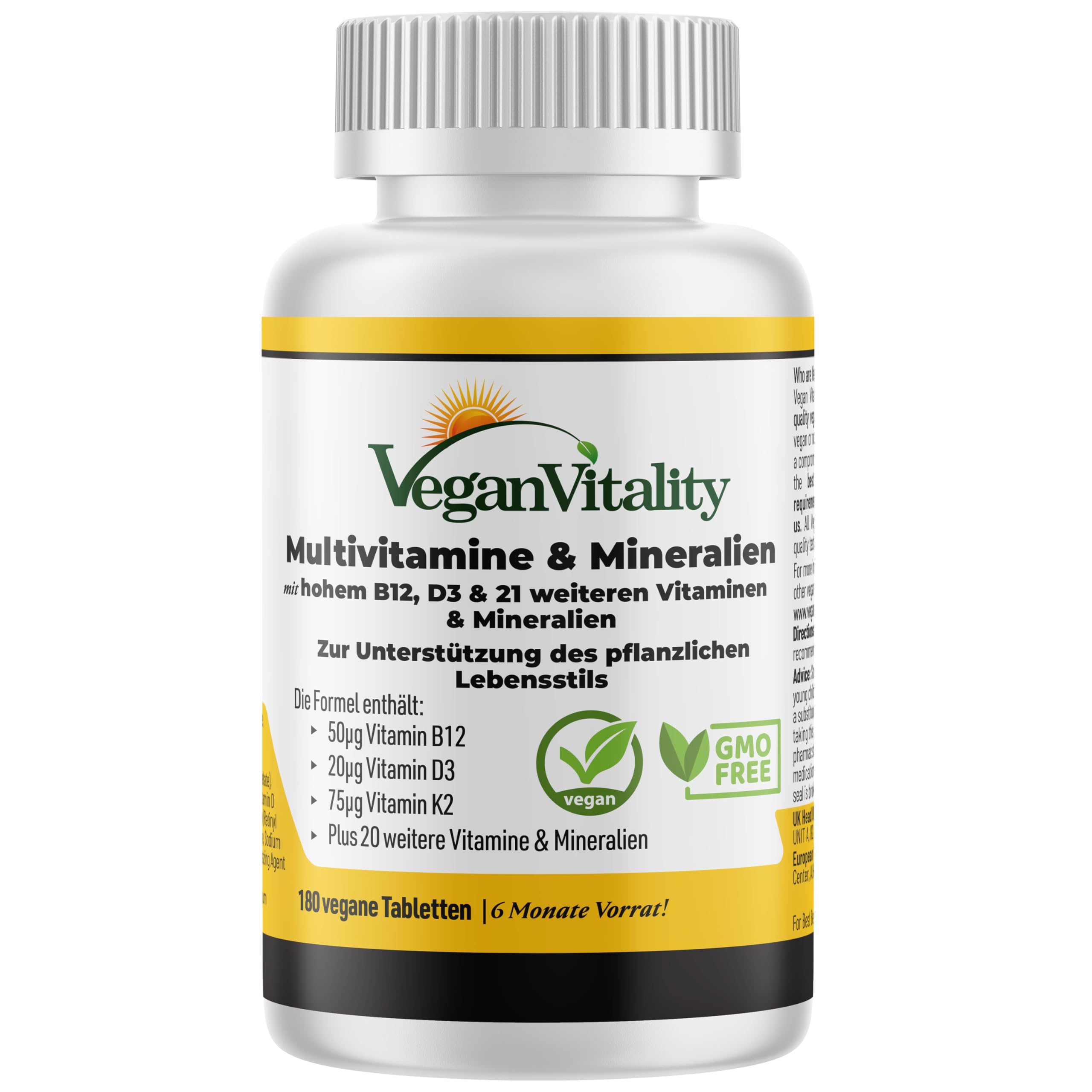 Vegan Vitality Multivitamin + Veganes Omega 3 - Vitamin b12 vegan & Eisen. 180 Multivitamin Tabletten Nahrungsergänzungsmittel - 6 Monate Vegan & Vegetarier - Alle Vitamine in einer Tablette