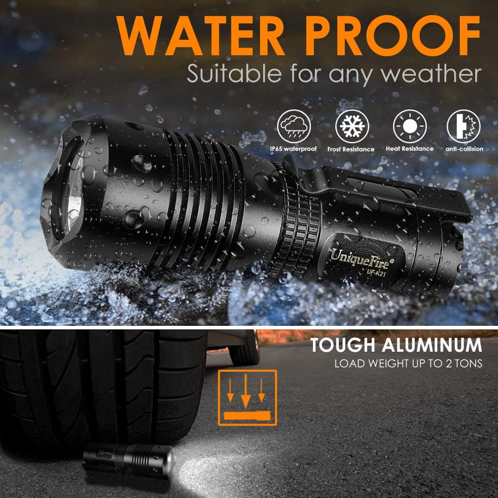 UniqueFire K21 flashlight being splashed with water, demonstrating its waterproof capabilities.