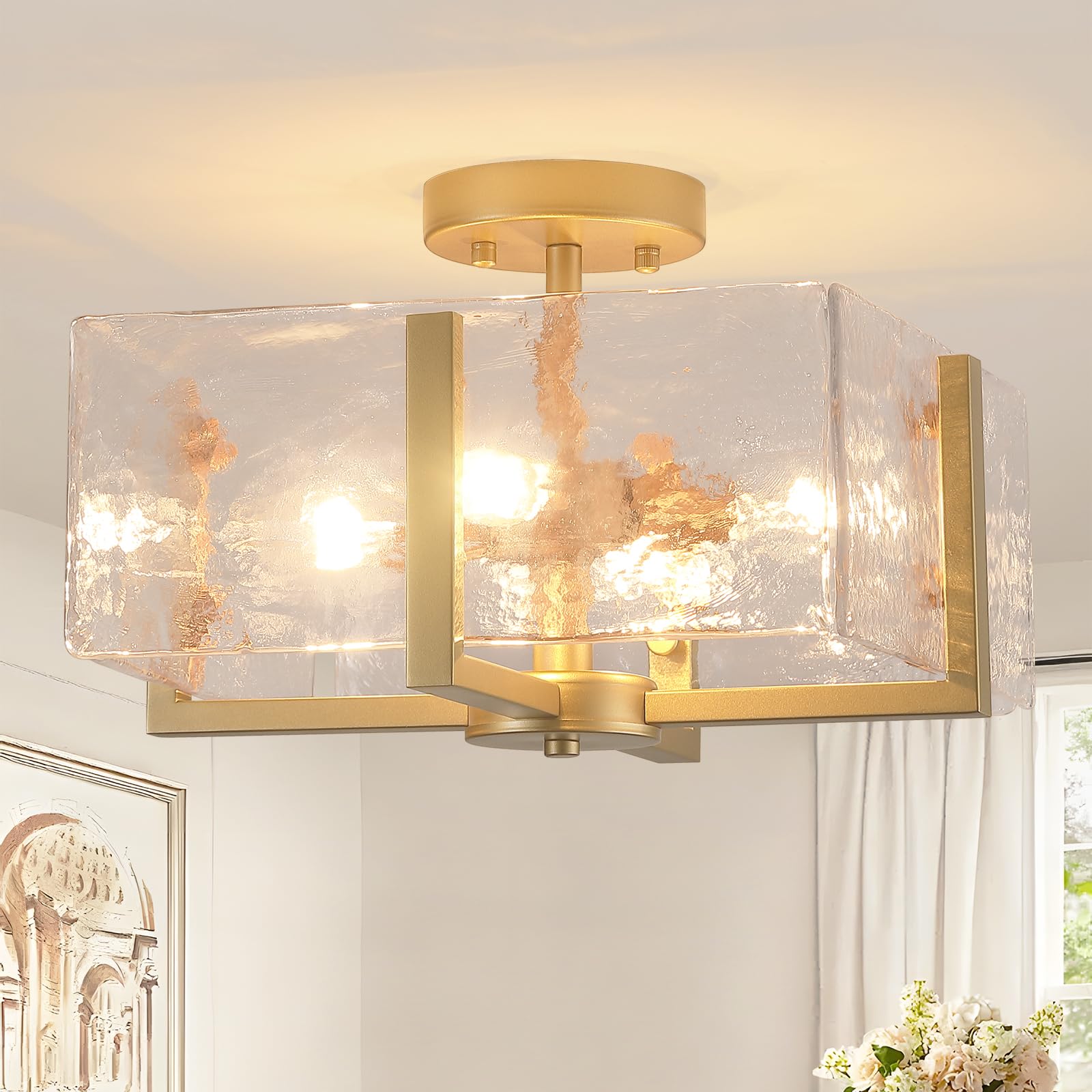 Photo 1 of Gold Flush Mount Ceiling Light, 4-Light Brass Vintage Semi Flush Mount Hallway Foyer light fixture, Modern Glass Square Close to Ceiling Light for Kitchen, Dining Room, Bedroom, Bathroom, Entryway