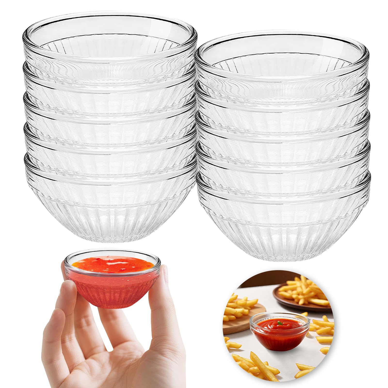 Petits Bols En Verre Pour Dessert/sauce - Lot De 10, 75 Ml, Diamètre 7,5 Cm - Verre épais Transparent - Lavables Lave-vaisselle, Empilables