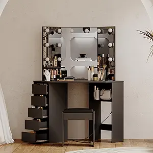GarveeHome Corner Vanity and Stool, Corner Vanity Desk with Mirror and Lights, Corner Makeup Vanity with Power Outlet, 3 Color & Brightness Adjustable Light, Makeup Vanity for Girls and Women, Black