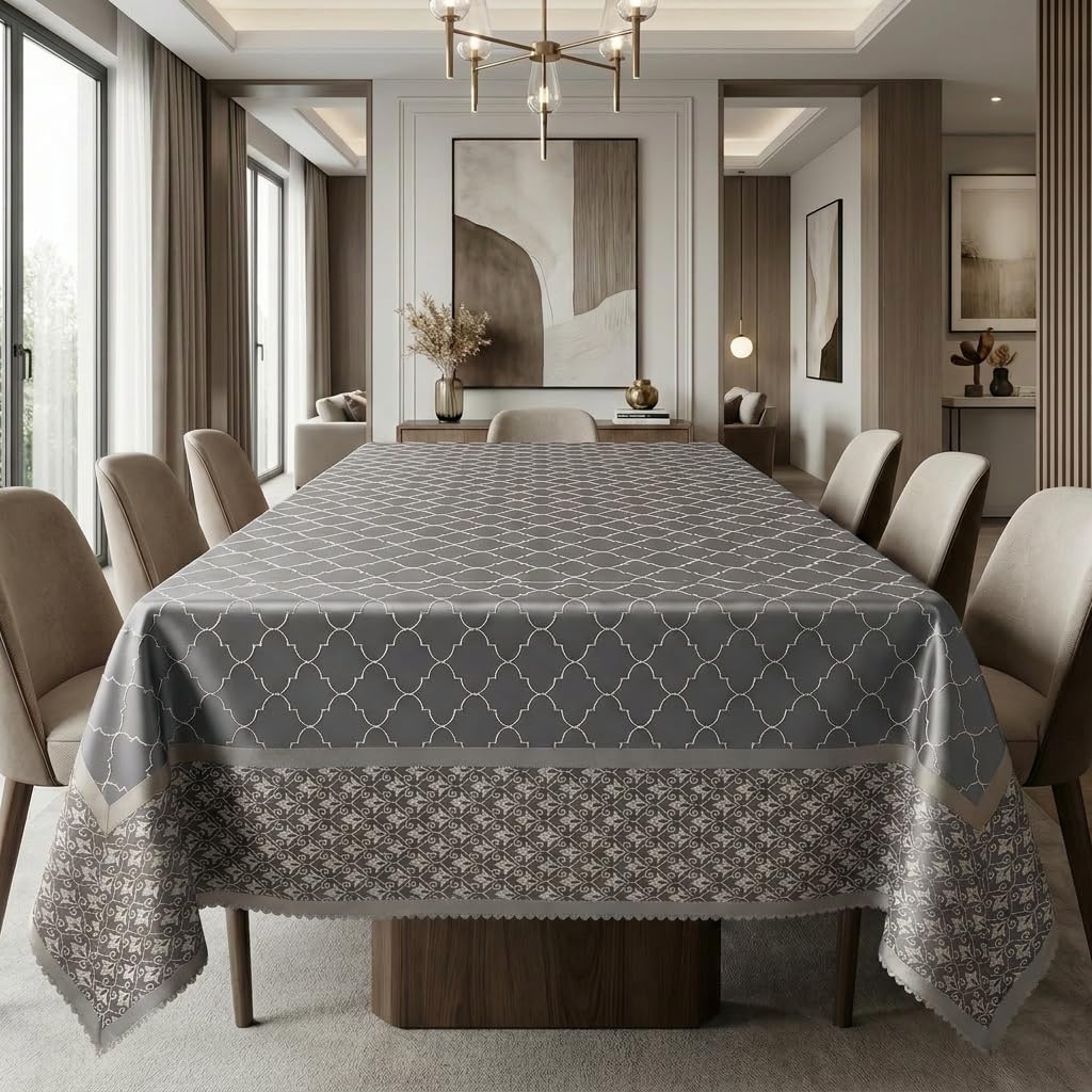 Dining Table Cover – Geometric Embroidered Satin Finish Tablecloth, Thick Anti-Skid Fabric, Rectangular, for 6 & 8 Seater Dining Tables (Grey Morroccan)-image-24