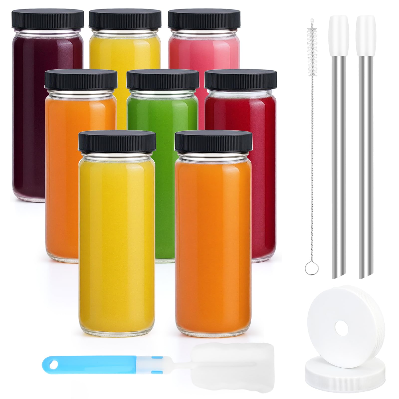 Sursip Glass Juice Bottles 16 oz with Lids & Straws, 8 Pack – Leak-Proof Wide Mouth Mason Jars for Juicing, Smoothies, Boba & Tea – Reusable & BPA-Free, Dishwasher Safe Kitchen Storage Containers
