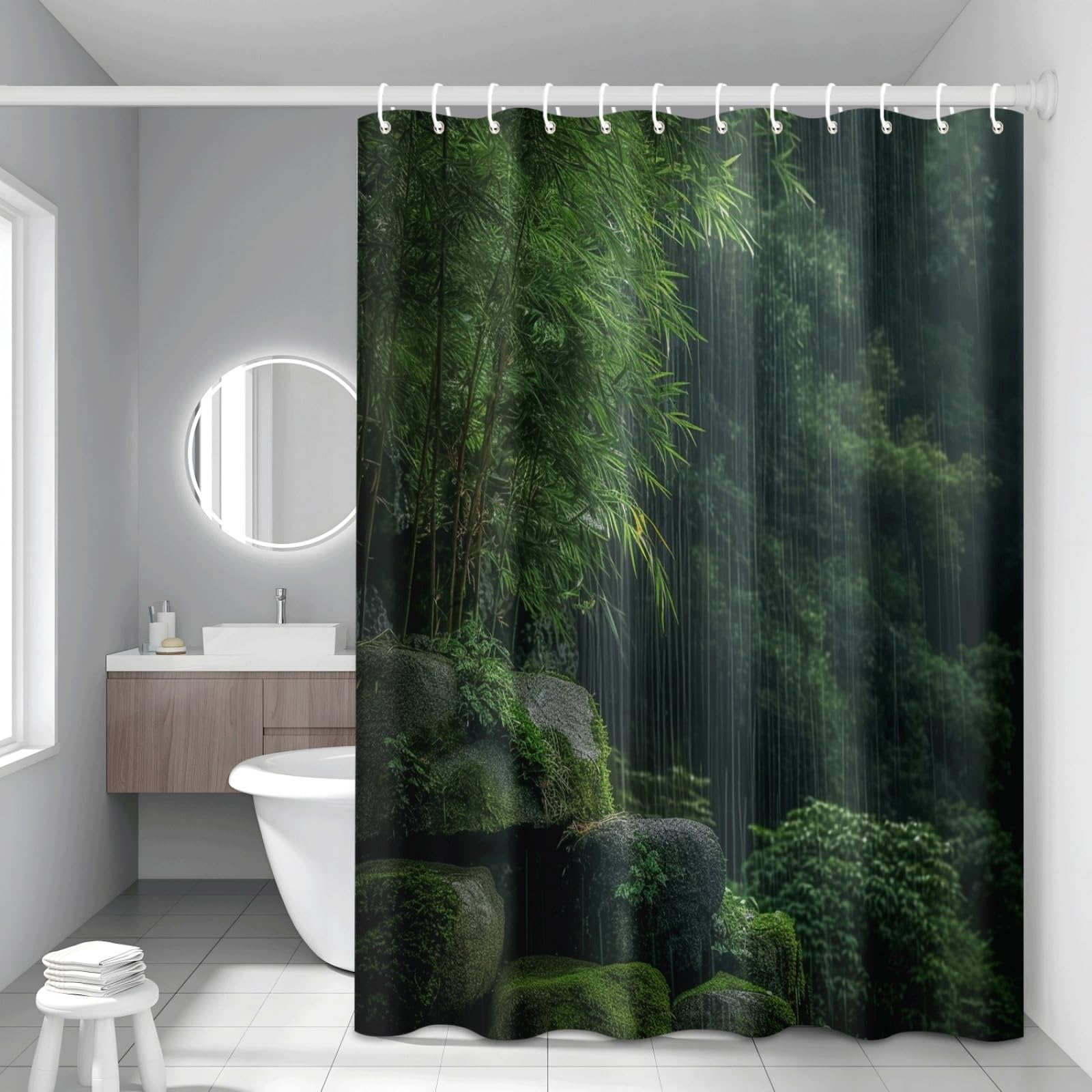 Rideau de douche polyester lavable imperméable 180x200cm motif bambou vert pour baignoire