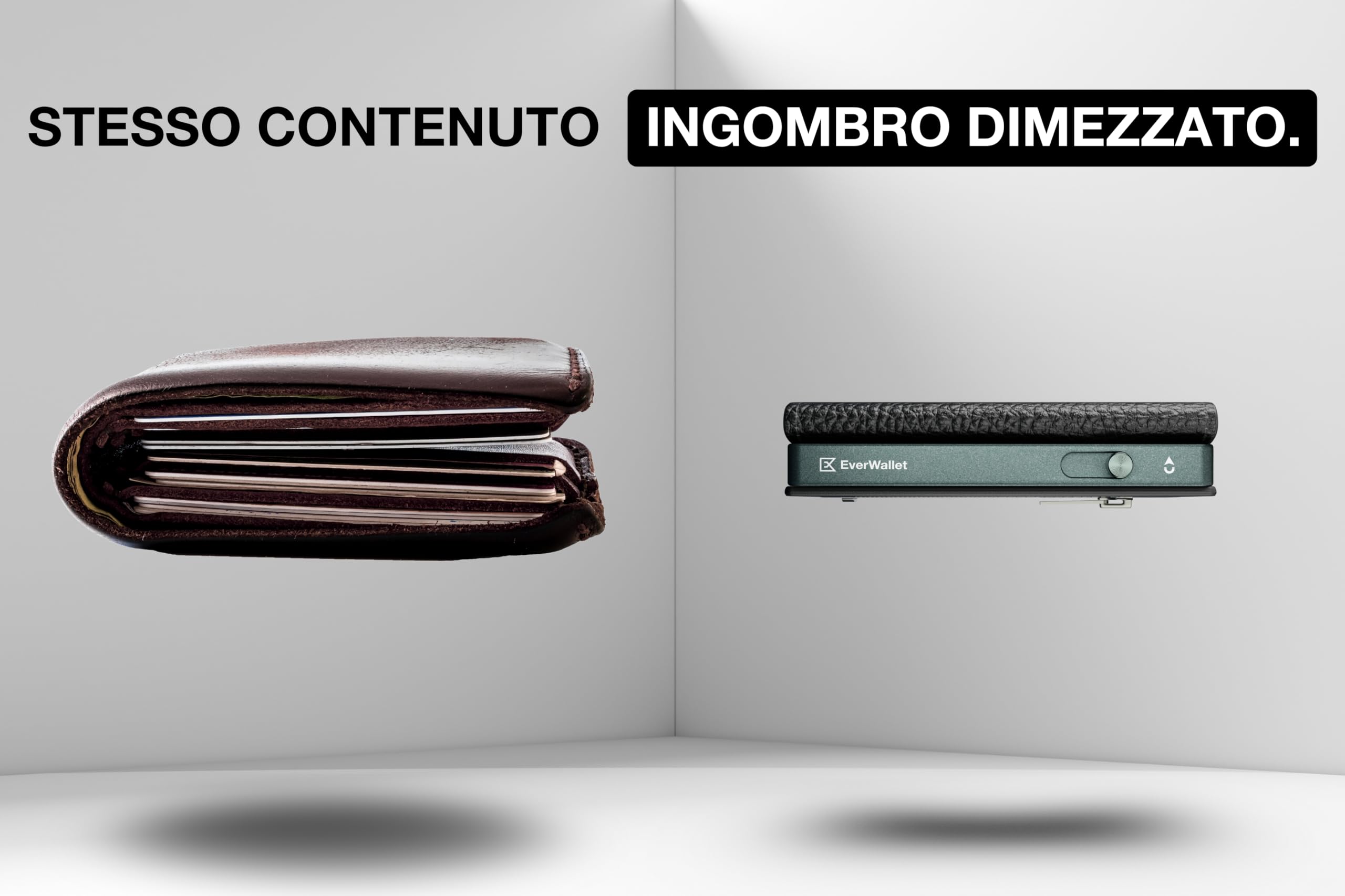 EverWallet Portafoglio Uomo Slim in Pelle Vera e Alluminio - Made in Italy - Porta Carte di credito Smart Compatto, Meccanismo Espulsione, Blocco RFID – Minimalista e Sottile (Nero)