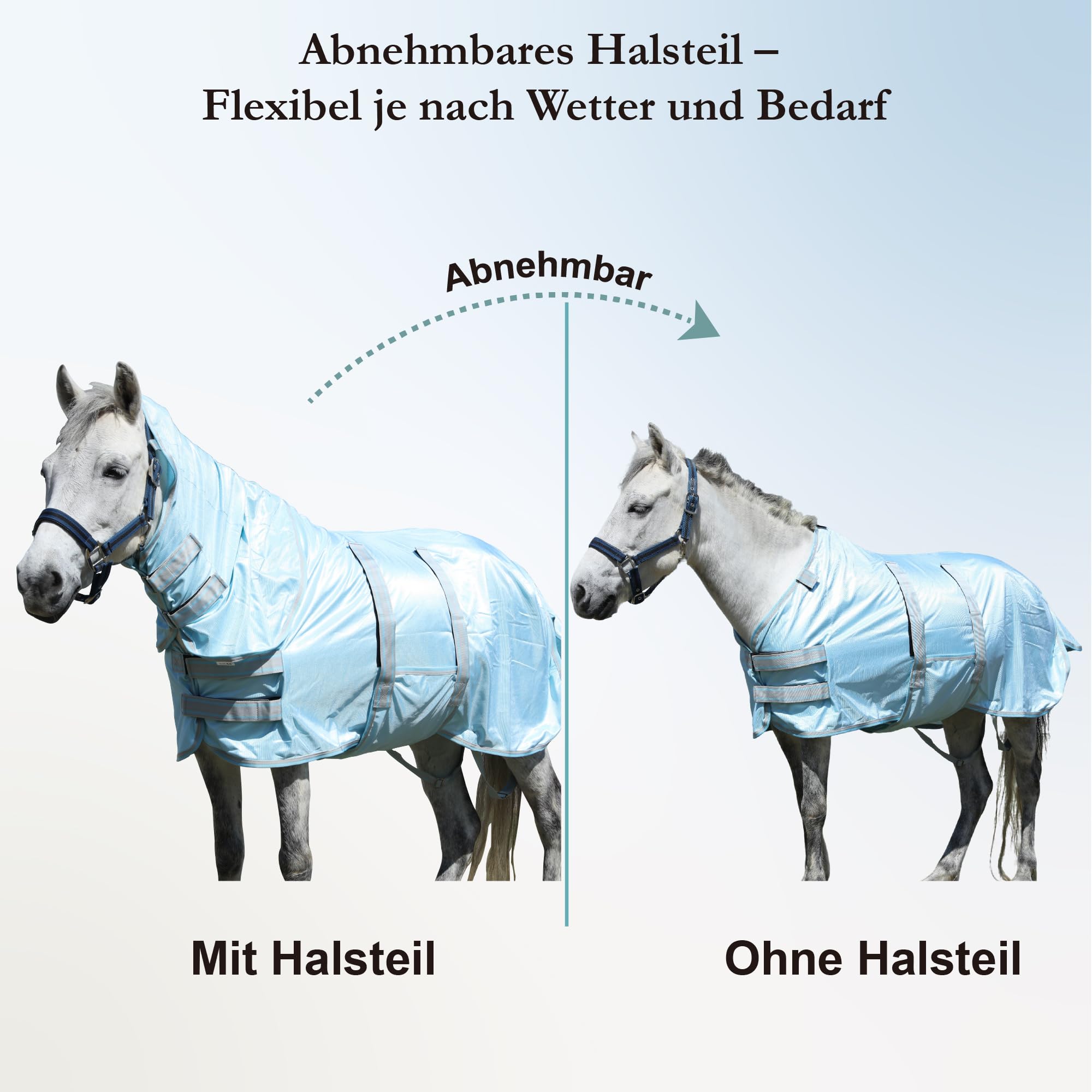 Manta para moscas Pony con cuello desmontable, transpirable y ligera, cómoda, manta de verano para mini caballos Shetty y miniatura, correas ajustables para pecho y vientre azul, 105 cm