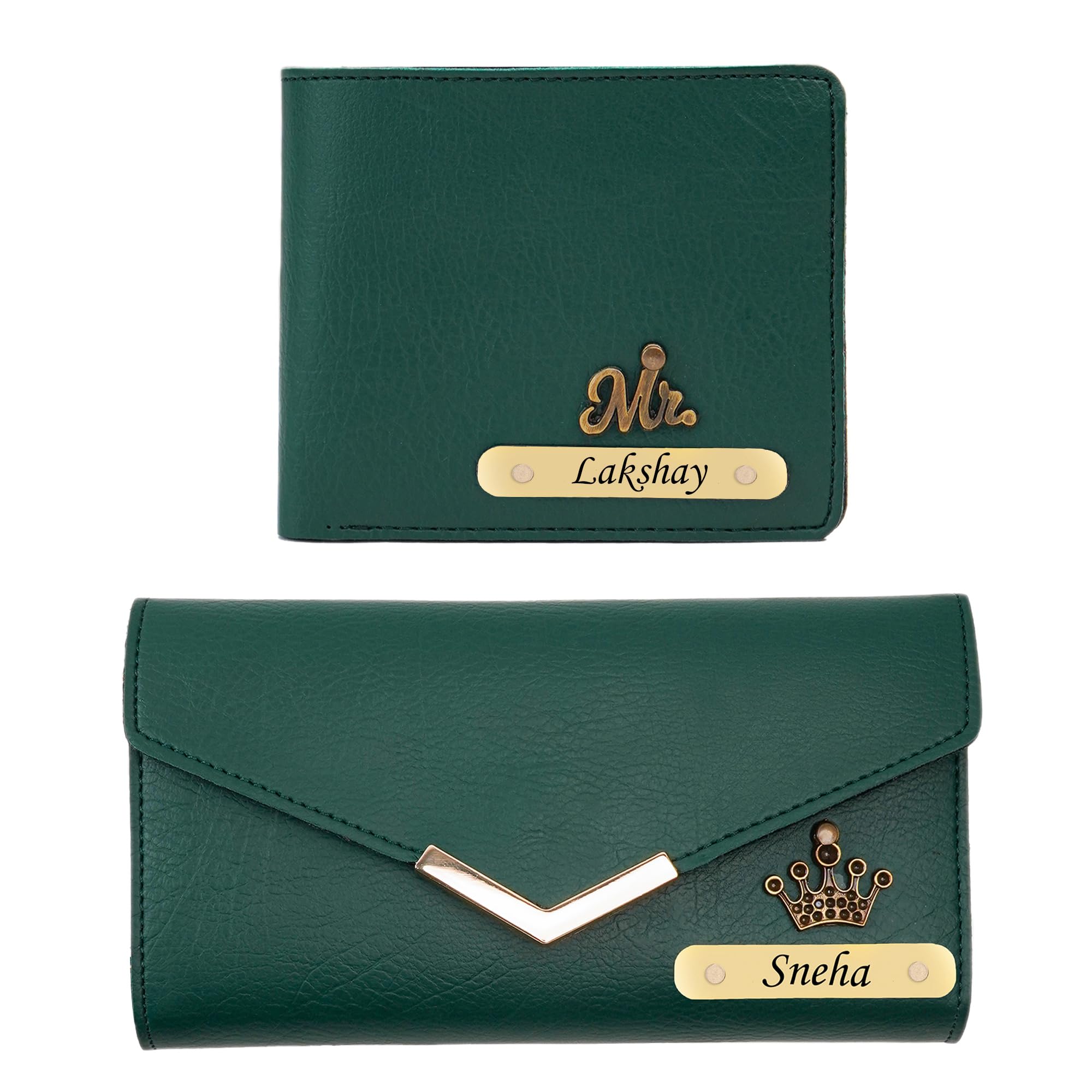 Personalized Leather Name Men's Wallet & Female's Clutch | Customized Gift Combo for Couple, Boyfriend Girlfriend Friend Husband Wife Father & Mother (Green)-image-19