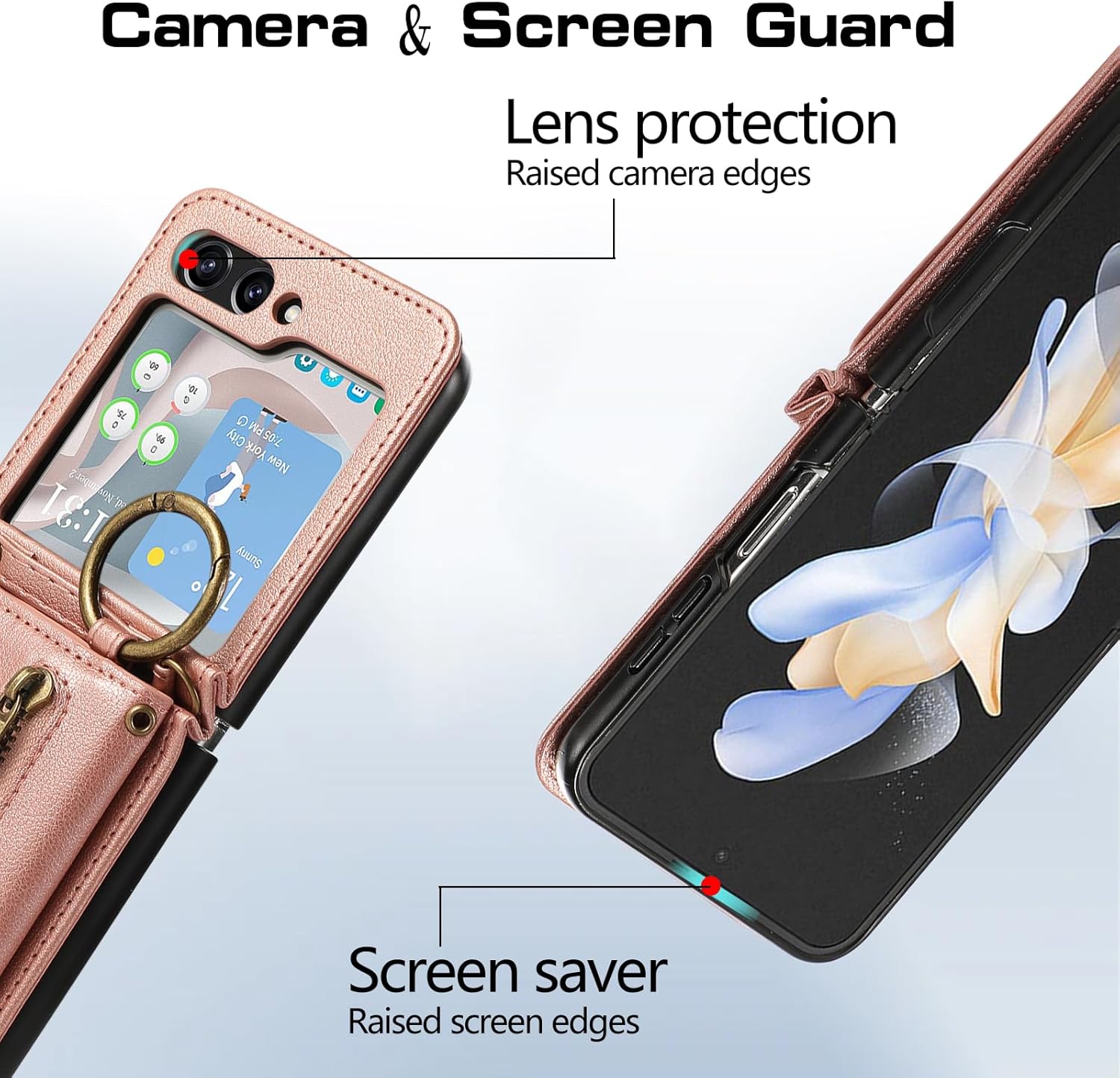 Compatible with Samsung Galaxy Z Flip 6 5G 2024 Wallet Case and Crossbody Shoulder Strap Ring Buckle Hinge Protection Stand Card Holder Phone Cover for ZFlip6 Z6 G Flip6 6Z Women Girls Men Rose Gold