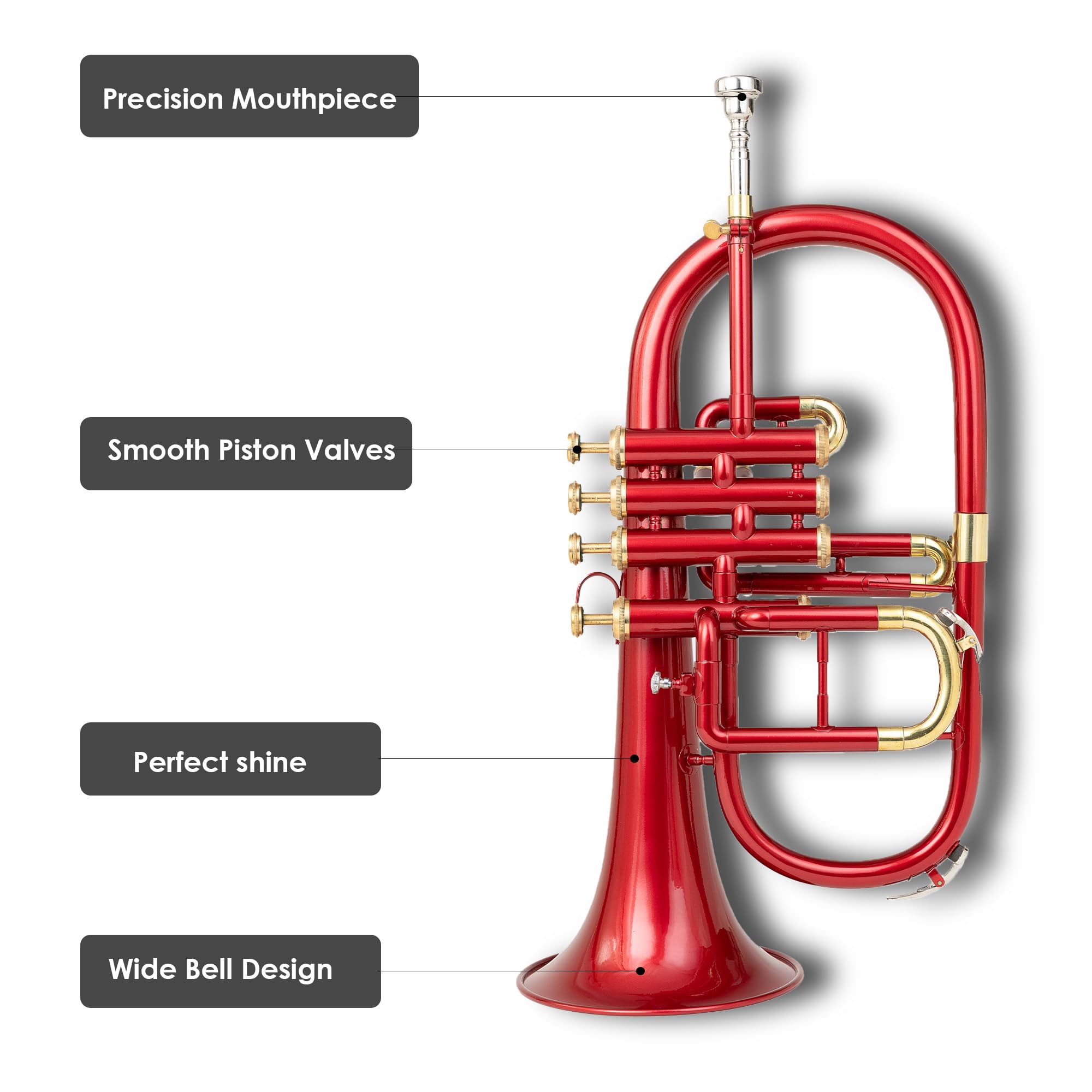 Flügelhorn mit 4 Ventilen in Bb/F-Teilung, farbiges Finish mit Mundstück und Koffer, Messing-Flügelhorn für Jazz, Orchester und Messingbänder, Rot