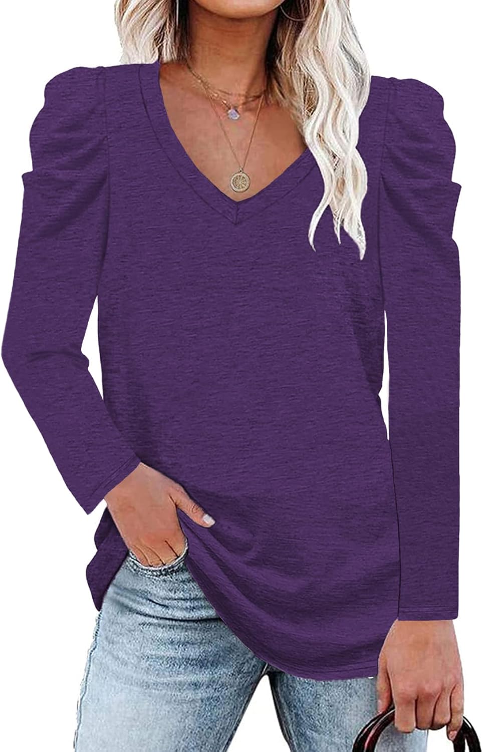LCXWFE Womens Tunic Tops Puff Sleeve Casual V Neck Long Sleeve Shirts Solid Color S-2XL - Image 2