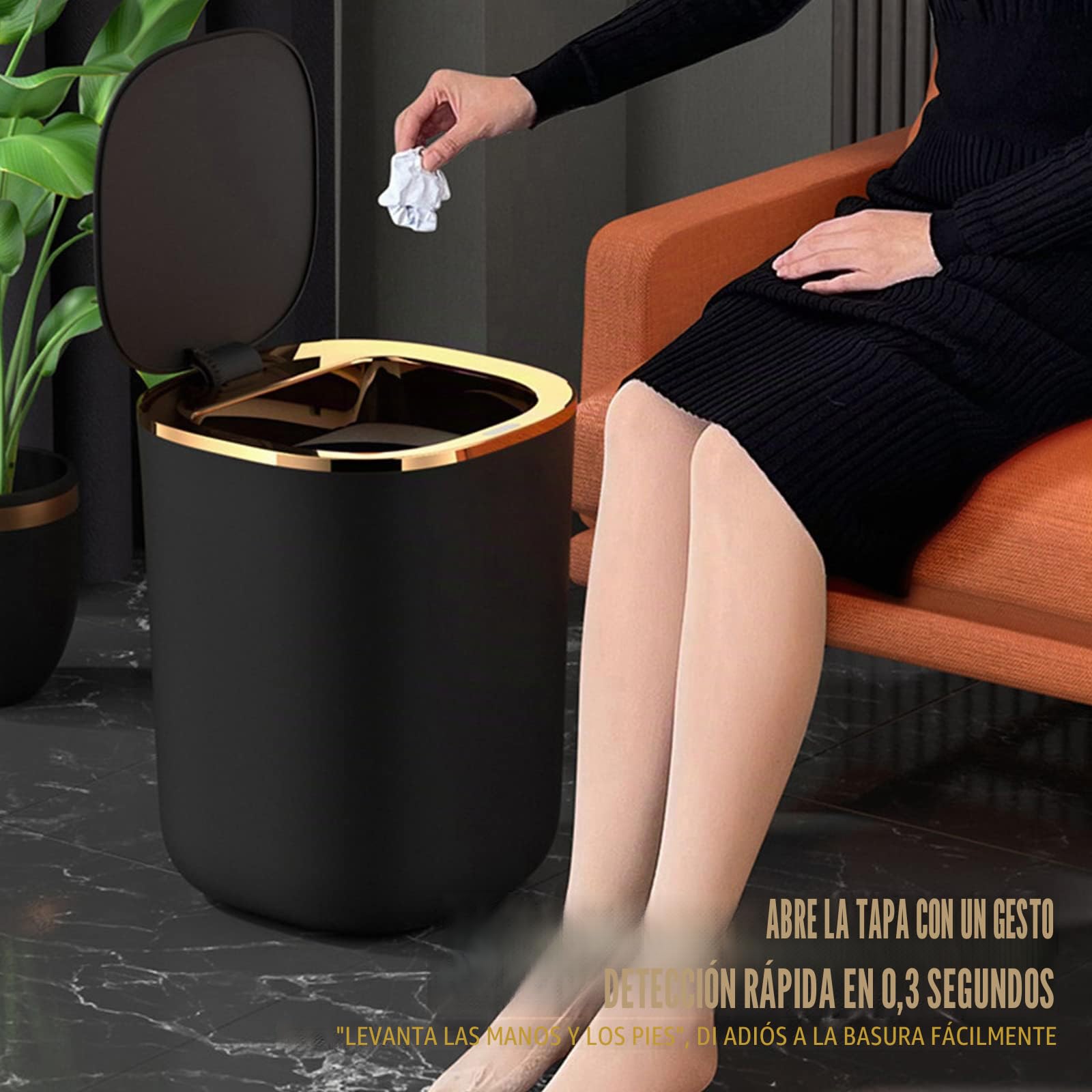 Cubo de basura con sensor, automático, con sensor inteligente, 12 l, sin contacto, para cocina, residuos orgánicos, residuos generales, negro