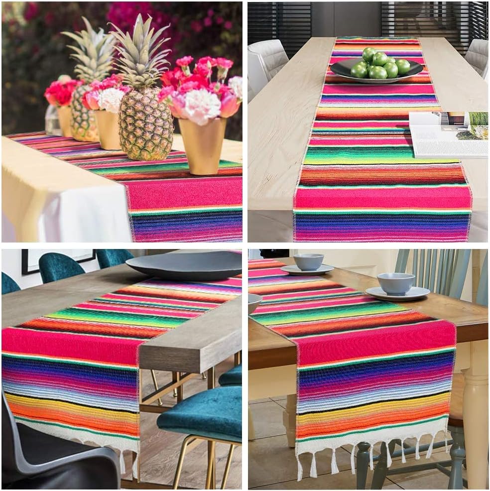 Fowecelt Mexican Serape Table Runner 14 x 84 Inch for Mexican Party Wedding Decorations Outdoor Picnics Dining Table, Fringe Cotton Table Runners