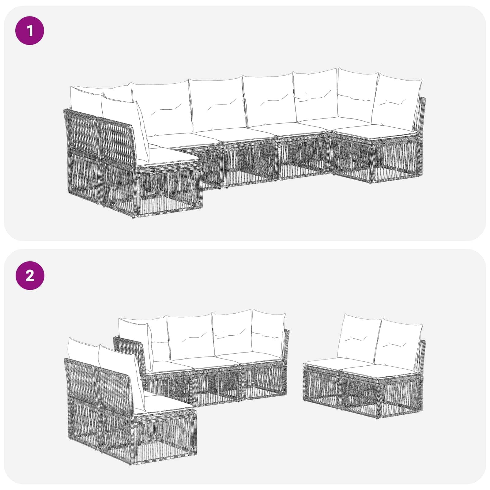 Ensemble de canapé de Jardin en polyrotin Noir 7 pièces, Cadre Acier Enduit, Angle et Central, Coussins Polyester Amovibles, pour terrasse Patio Repas détente