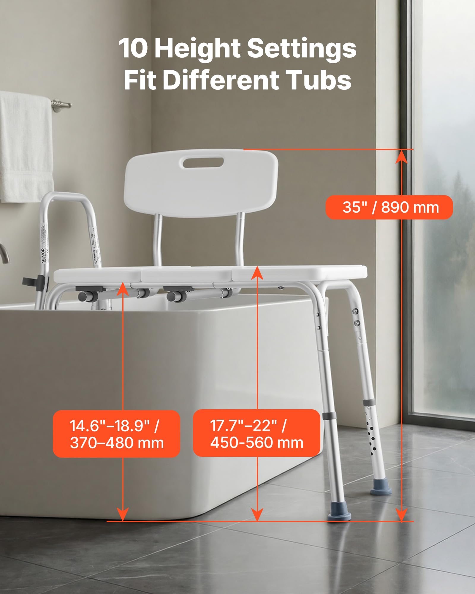 VEVOR Panca di Trasferimento per Vasca da Bagno, Sedile da Bagno con Bracciolo Schienale Carico max 180 kg, Panca per Trasferimento di 830 x 600 x 890 mm Doccia per Adulti Altezza Regolabile