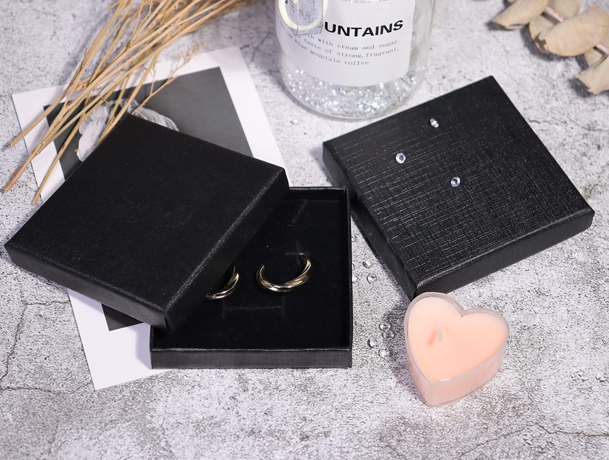 lvzhen 2 scatole regalo piccole, 8 x 8 x 1,8 cm, in carta kraft nera, per gioielli, anelli, orecchini, collane, scatole regalo con coperchio, piccole scatole di carta per regali