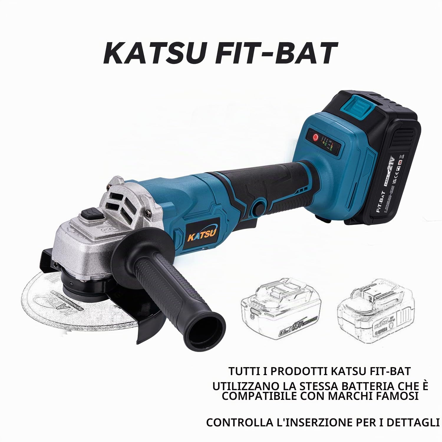KATSU FIT-BAT 21V Smerigliatrice Angolare a Batteria senza spazzole 115mm 125mm con 3,0 Ah Batteria e Kit di Adattatore Multiutensile Oscillante per Smerigliatura Lucidatura