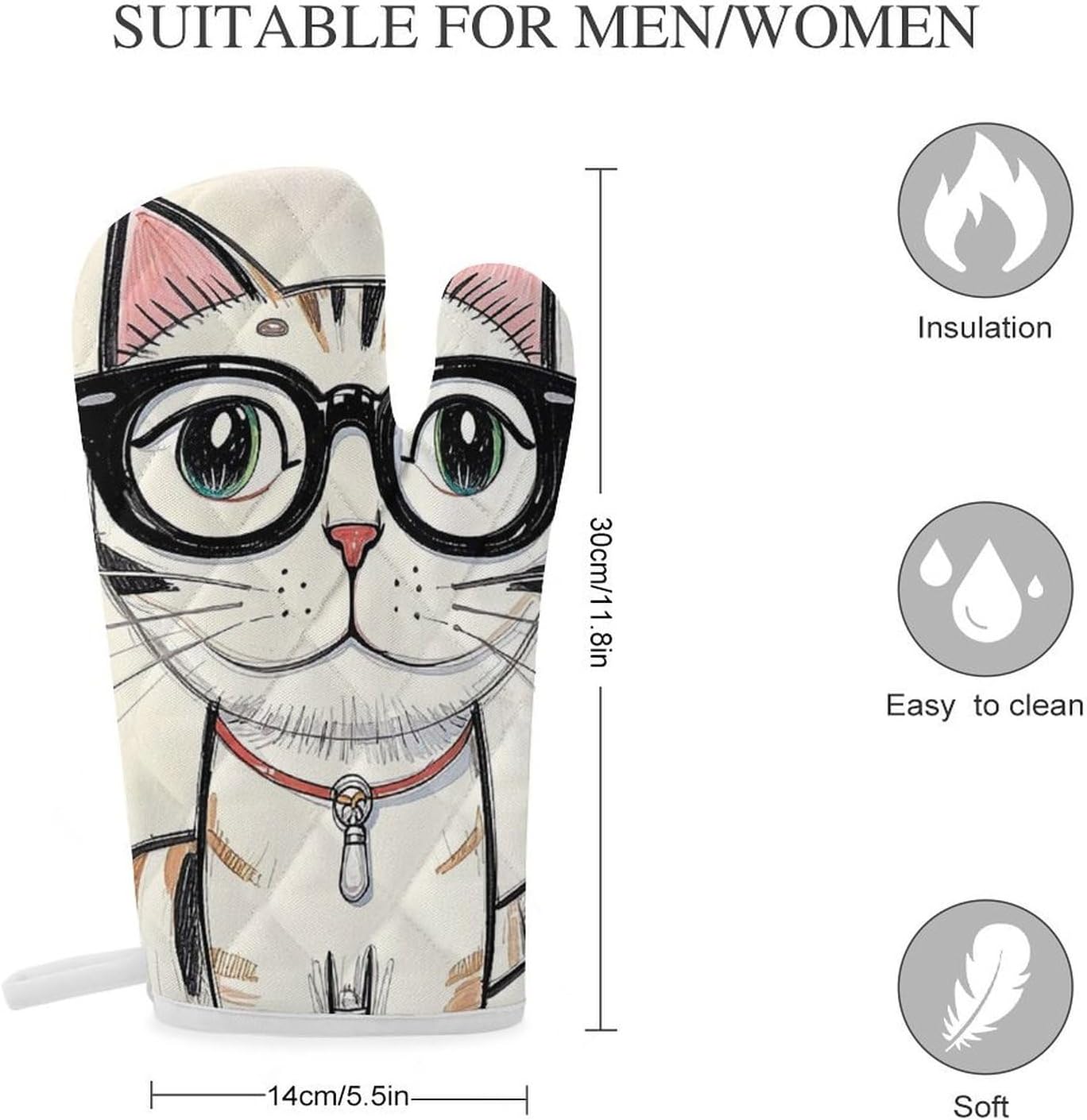 2 Pcs Oven Mitts Heat Resistant Kitchen Gloves Soft Safety Design Hipster Cat Kitten Glasses Oven Glove for Microwave, Barbecue