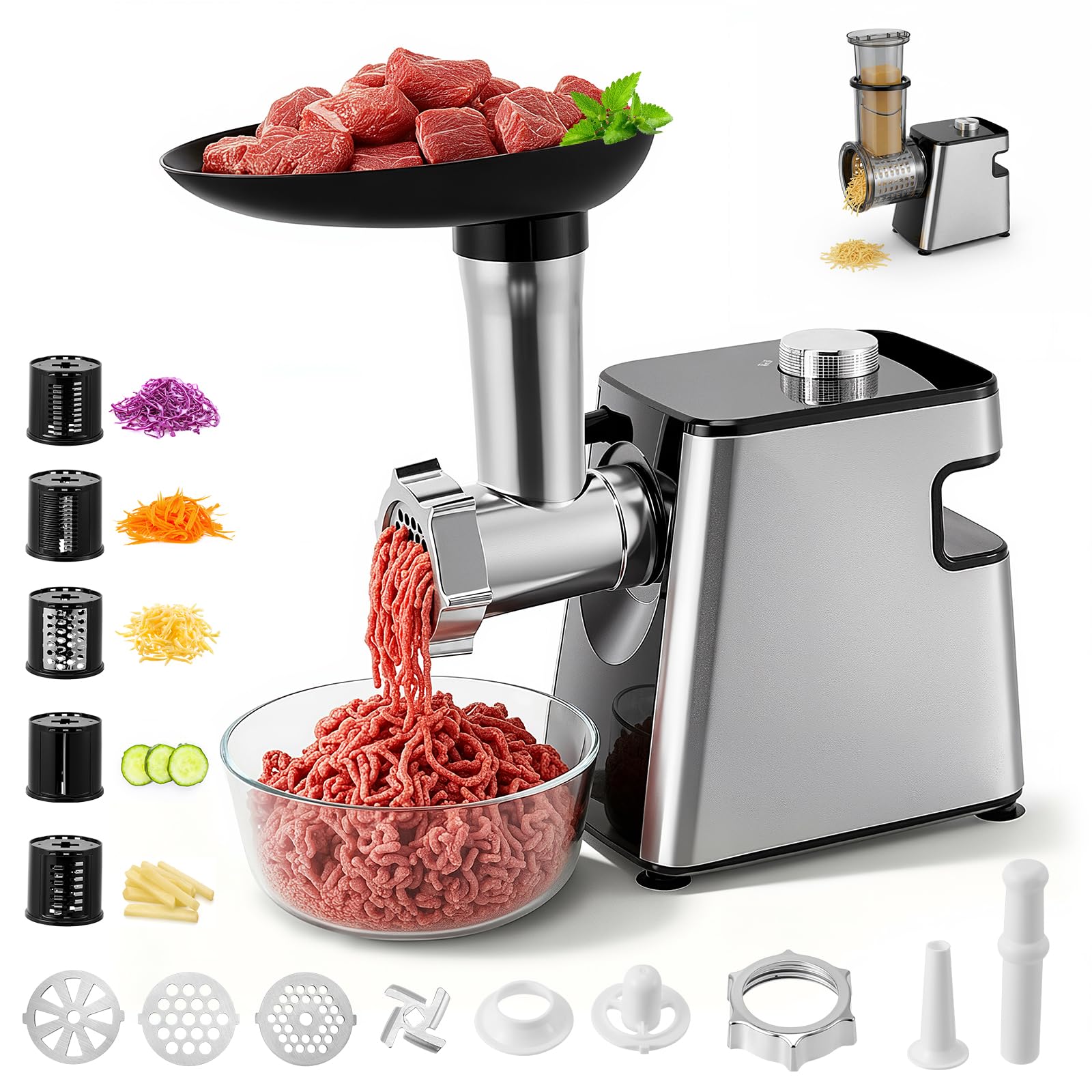 Tritacarne elettrico,insaccatrice per salsicce,tritacarne elettrico in acciaio inossidabile da 2800W max e tritatutto per verdure,3 piastre di macinatura,taglierina per verdure con 5 lame