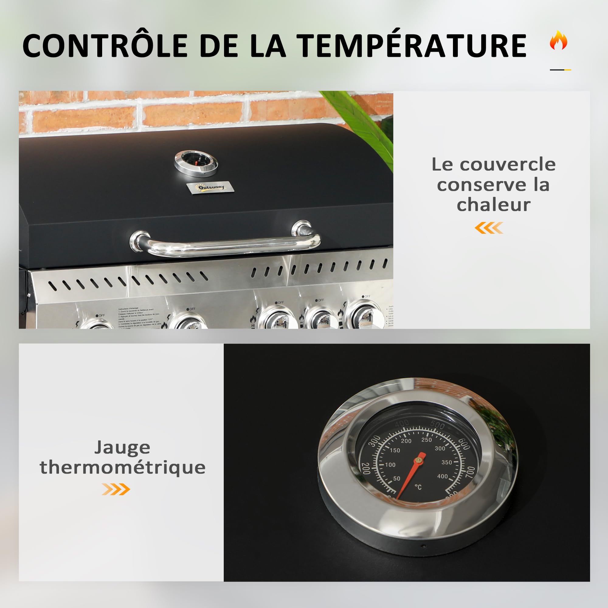 Outsunny Barbecue à gaz 4+1, barbecue au gaz propane 12,5 kW chariot de BBQ avec roulettes, grille chauffante, étagères, thermomètre, décapsuleur, noir