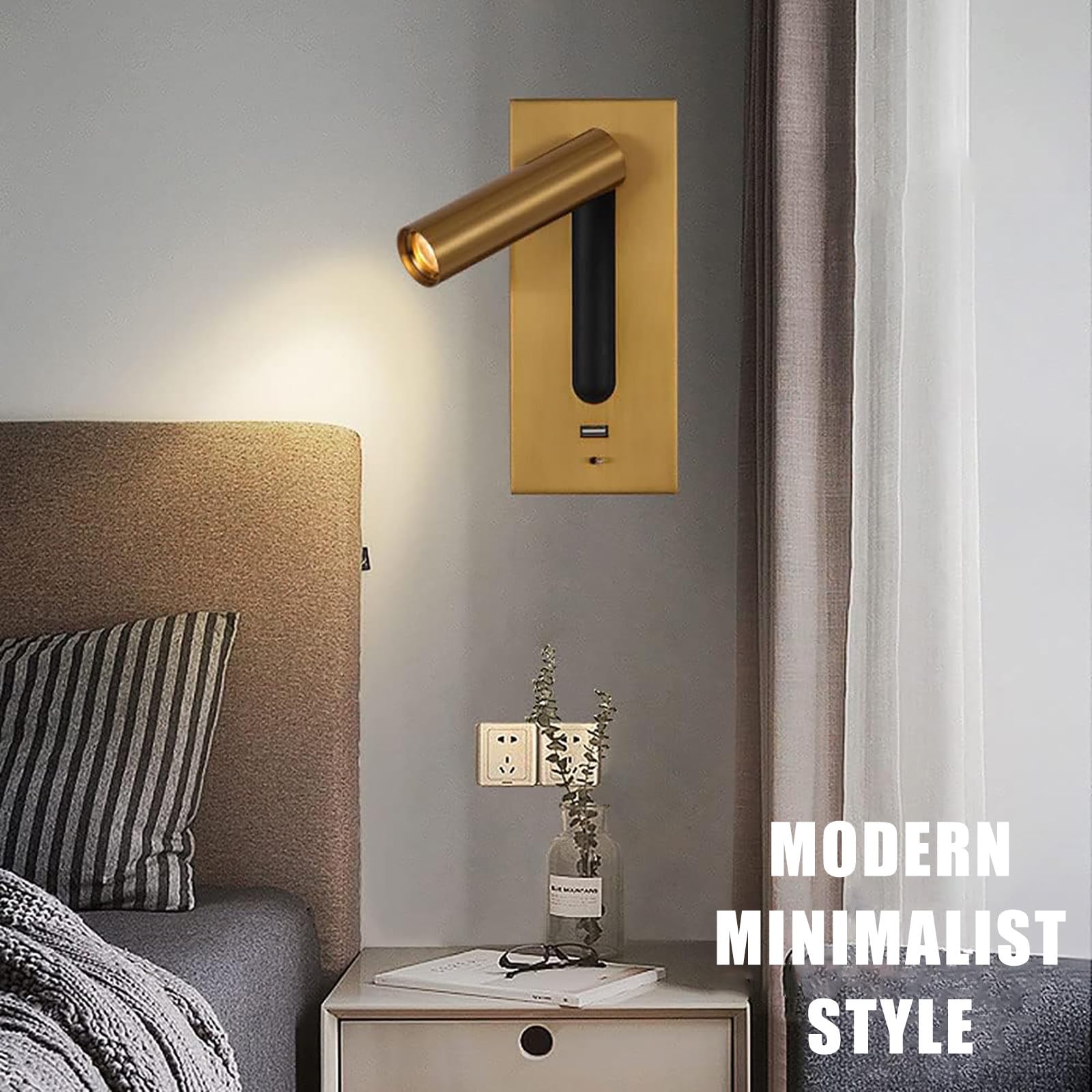 Aplique De Pared De Cama Moderno Integrado Ajustable Con Puerto Usb De 5v 2.1a, Luz De Lectura Led Montada En La Pared LáMpara De Lectura De Cabecera Blanca CáLida 3000k,Chrome-USB+type-c