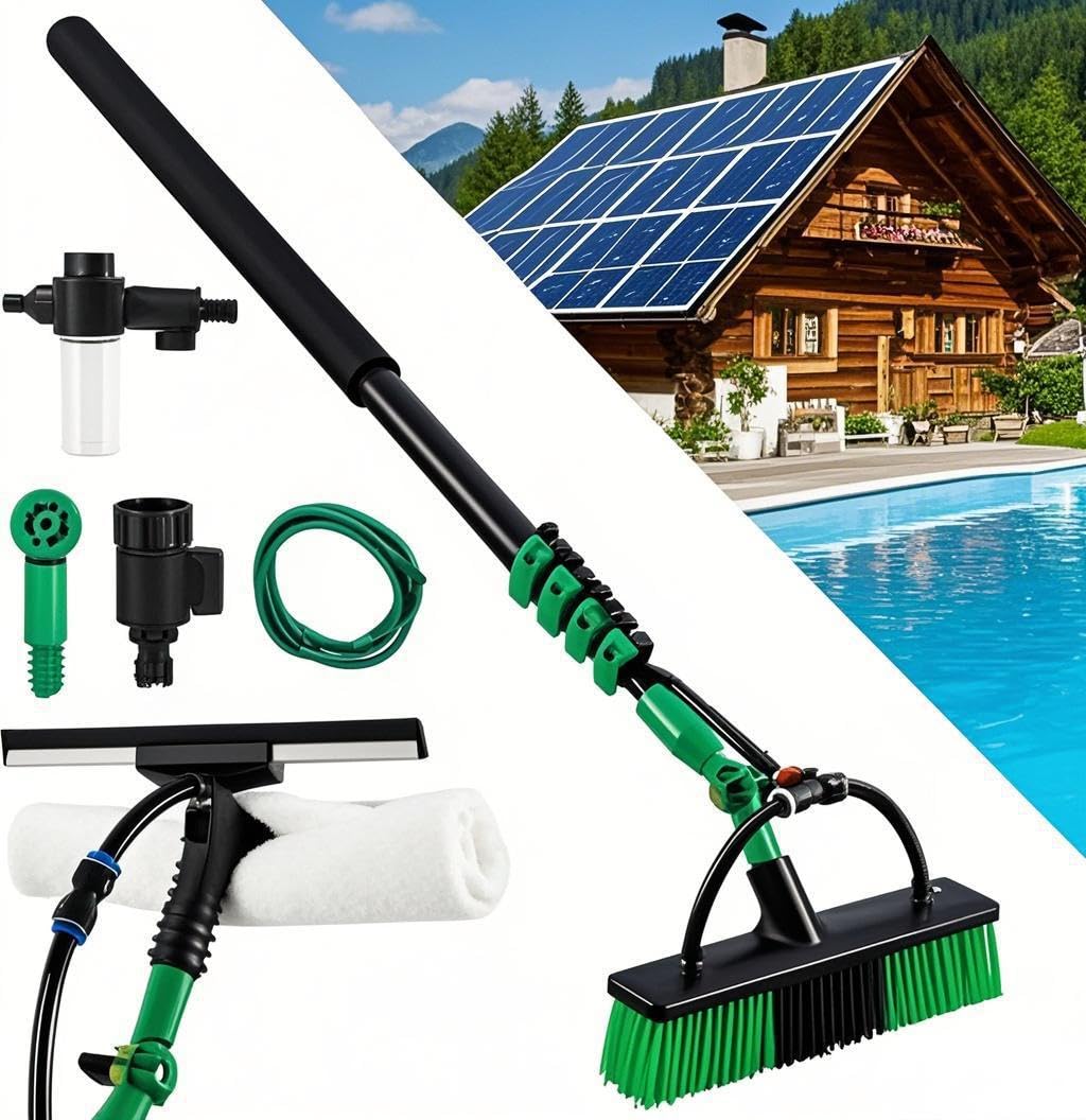 Szczotka teleskopowa z przyłączem wody, środek do czyszczenia tarasów 4,8 m aluminiowy teleskop | zestaw do czyszczenia okien z dyszą obrotową 360°, adapterem wysokociśnieniowym i akcesoriami